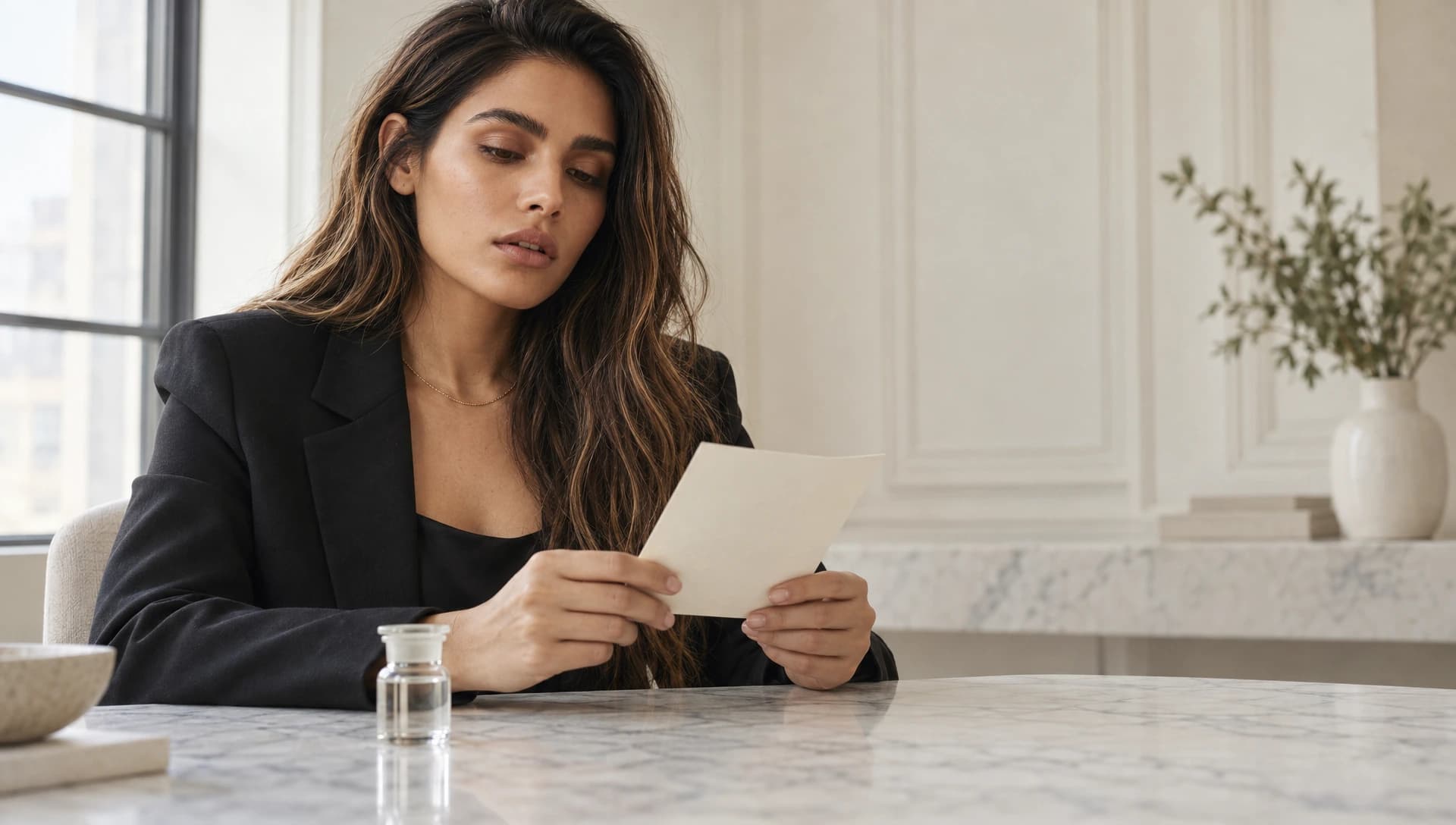 Young woman at the marble table of a bright consulting room reading a folded card, a small glass vial in front of her — cost calculation at the Ästhetik am Isartor practice in Munich
