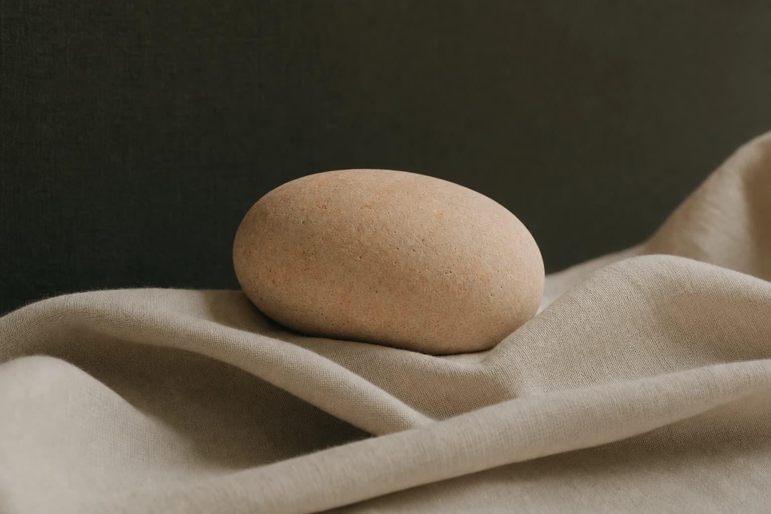 Detailaufnahme — die Oberfläche eines glatten Natursteins auf weich drapiertem bone-farbenem Tuch