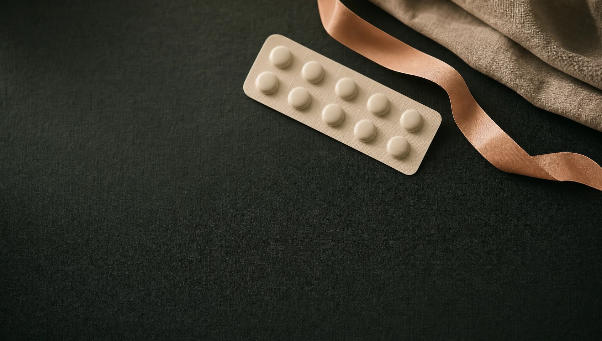 Editorial-Stillleben — bone-farbener Blisterstreifen und Seidenband auf anthrazitfarbenem Leinen