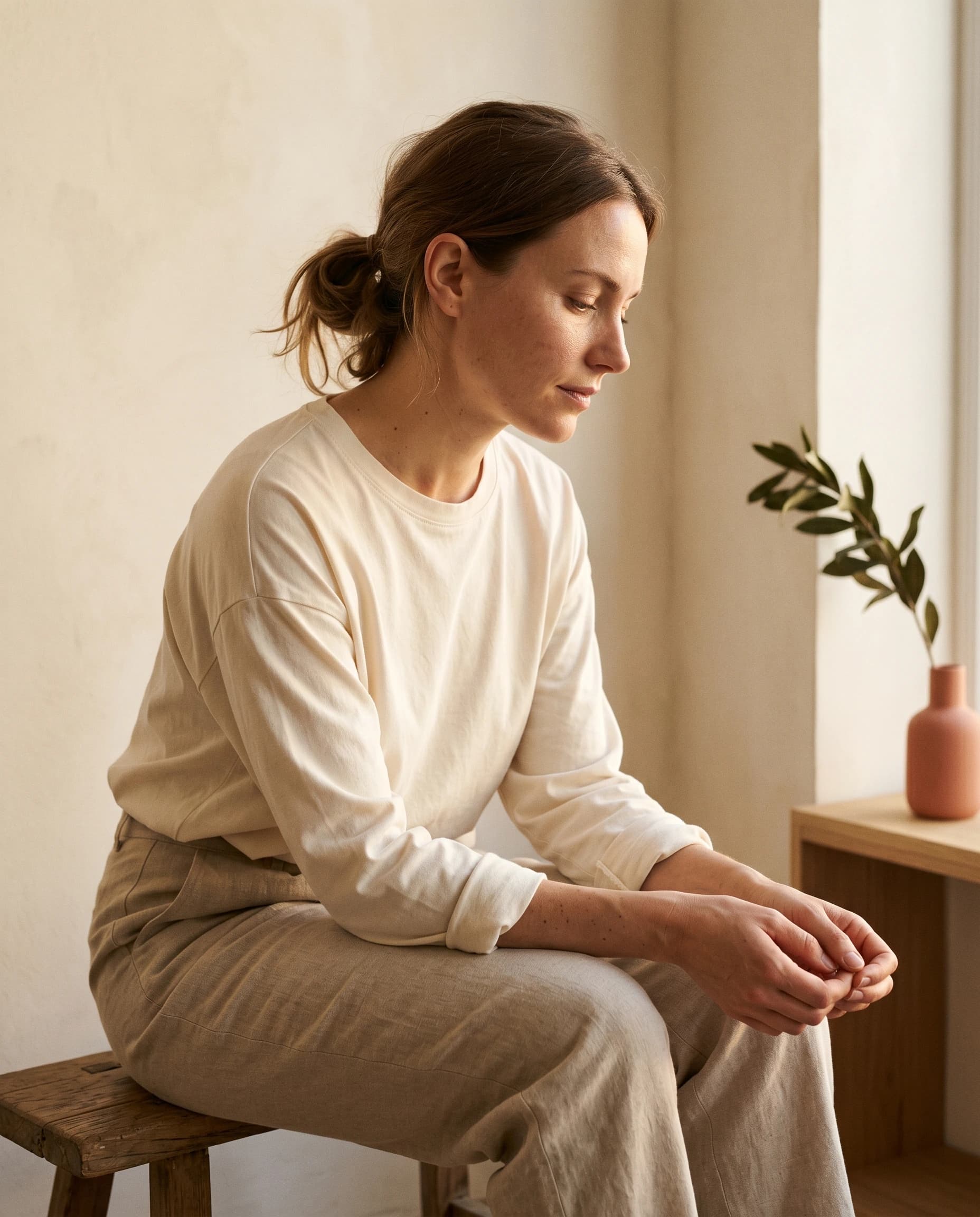 Junge Frau Mitte Dreißig in bone-cream Bluse auf einer Holzbank am Fenster — ruhiges editorial Portrait