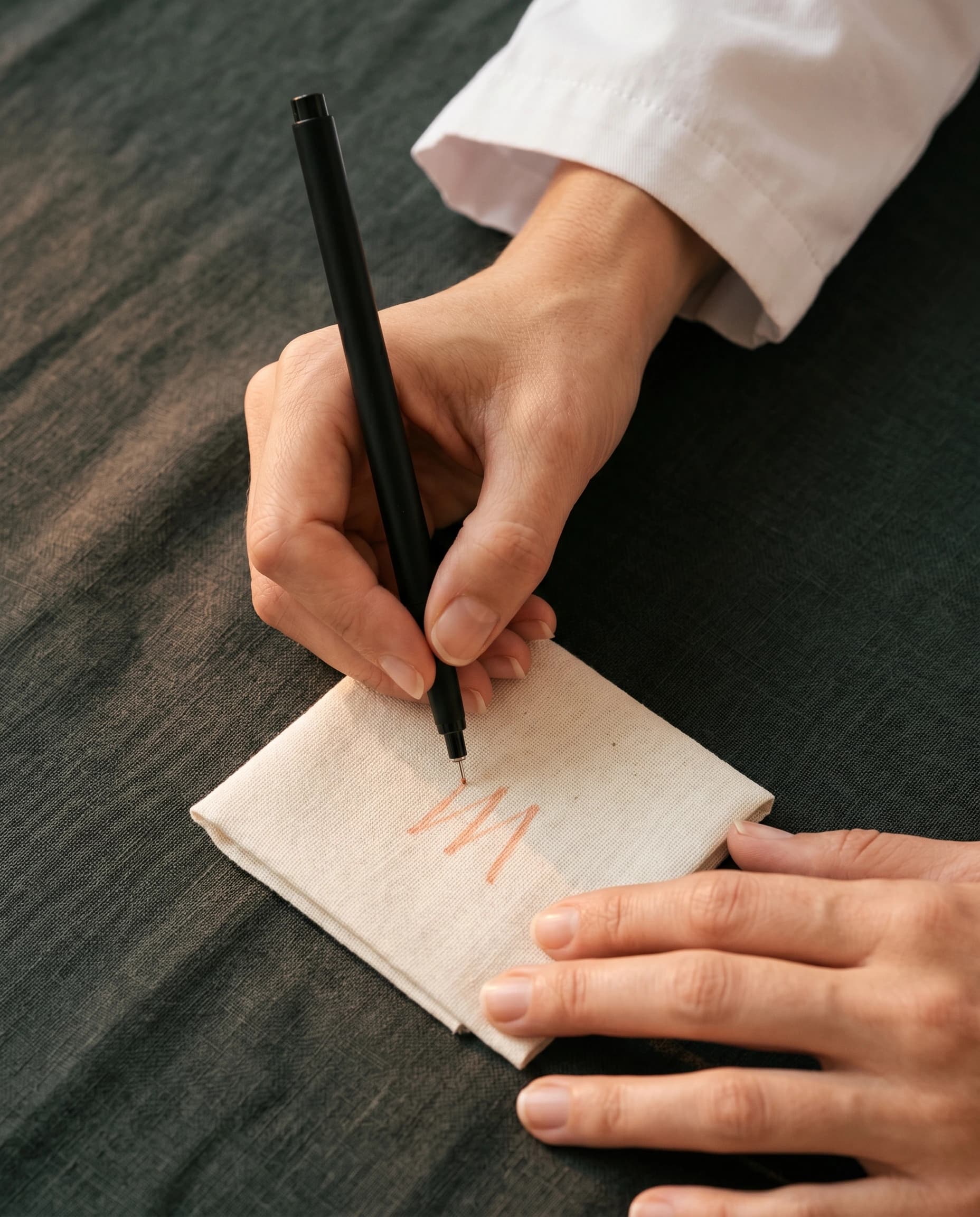 Hand einer Ärztin zeichnet eine zarte W-Form mit Marker auf gefaltete bone-cream Baumwolle auf charcoal-grünem Leinen — symbolisches Detail