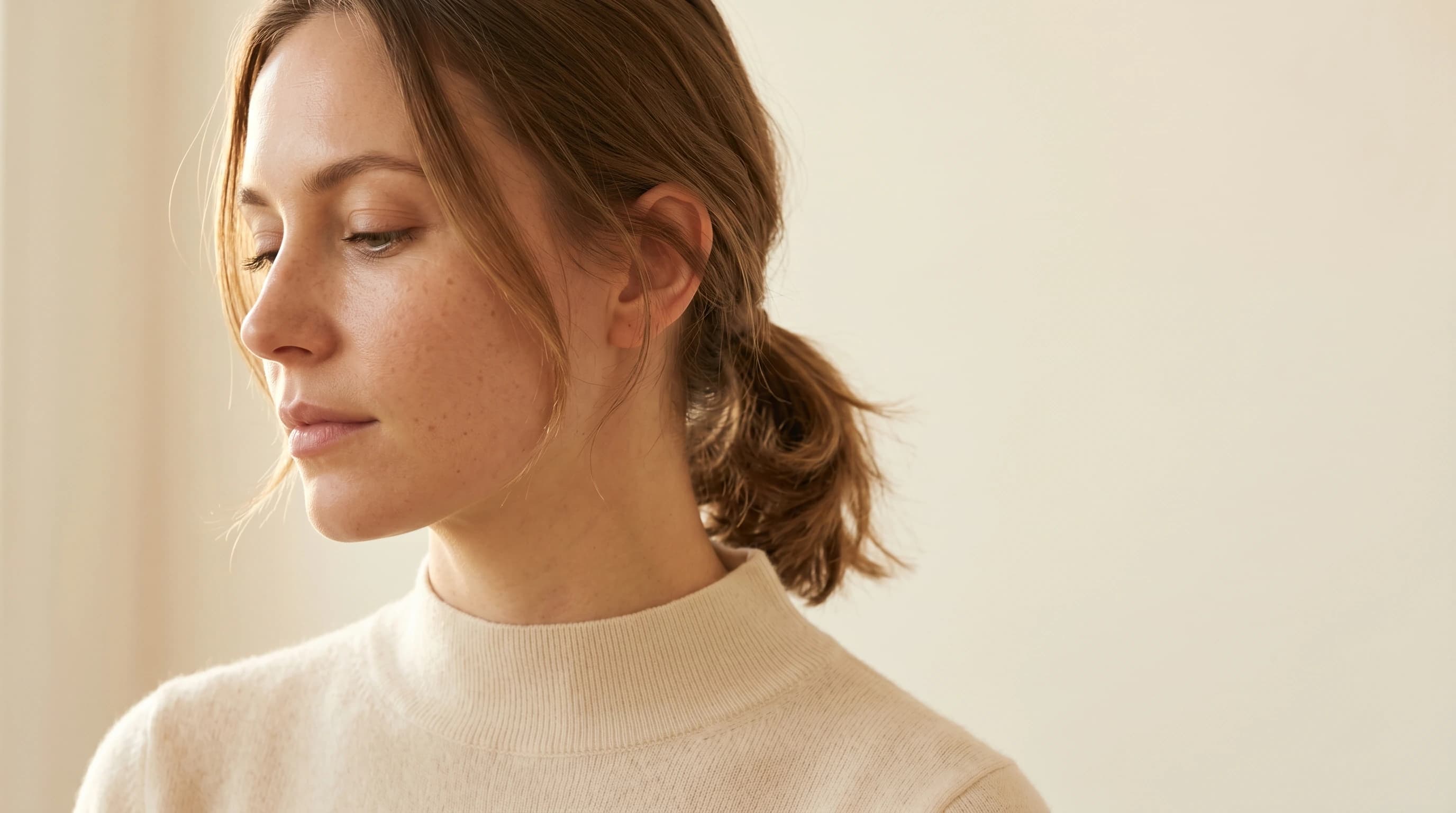 Editorial Drei-Viertel-Profil mit weicher Wangen-Kieferlinie, bone-cream Cashmere-Stehkragen — Praxis Ästhetik am Isartor München