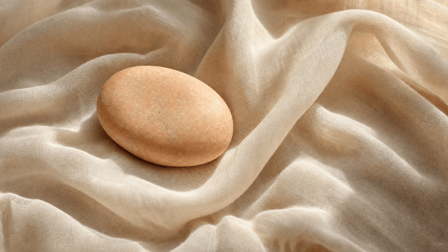 Ein glatter peach-getönter Flussstein auf bone-cream Chiffon — Symbol der moderaten Restmenge, die bleibt