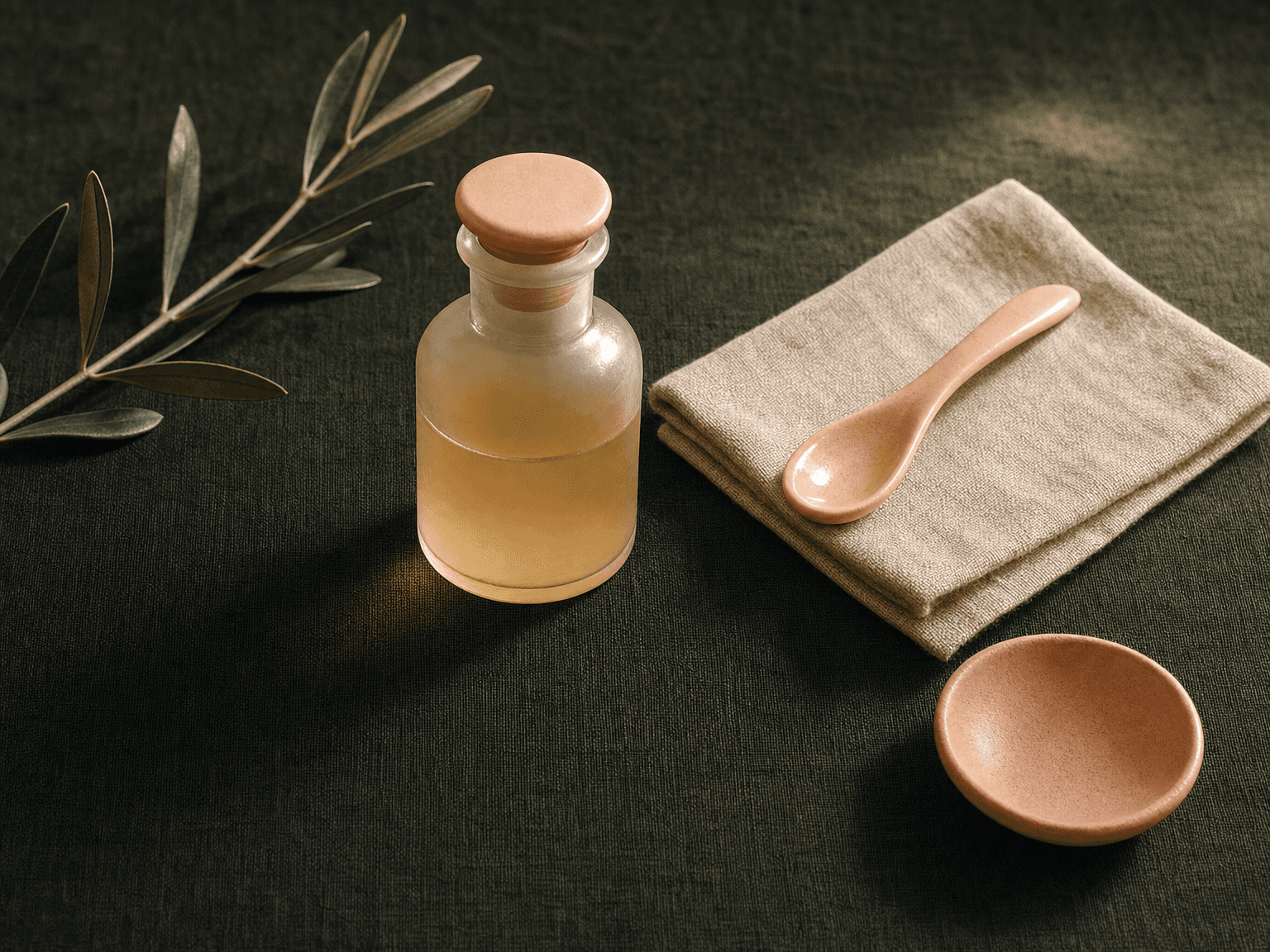 Apotheker-Glasflasche mit antiseptischer Mundspülung, peach Keramik-Suppenlöffel auf bone-cream Linentuch und Olivenzweig auf charcoal-grünem Leinen — Stillleben Nachsorge