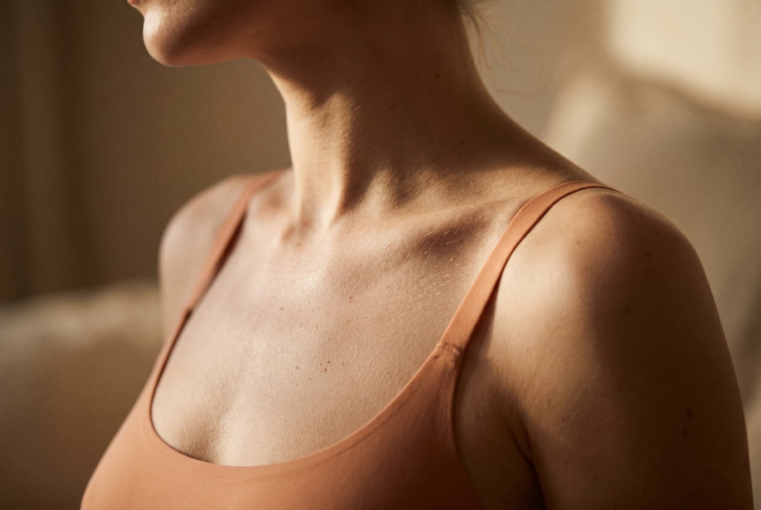 Body editorial: a close-up of décolletage and collarbone in warm light — Ästhetik am Isartor practice, Munich