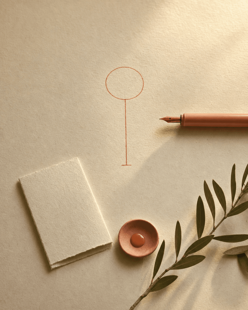 Bone-cream Papier mit handgezeichnetem Lollipop-Muster in peach Tusche — Kreis plus vertikale Linie als Symbol der Lejour-Lassus-Technik