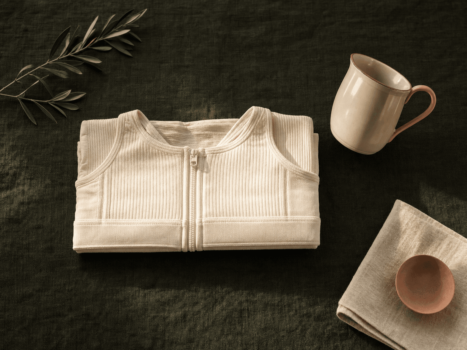 Gefalteter bone-cream Kompressions-BH mit Front-Zip, kleines Emaille-Kännchen, Olivenzweig und Linentuch auf charcoal-grünem Leinen — Stillleben Nachsorge