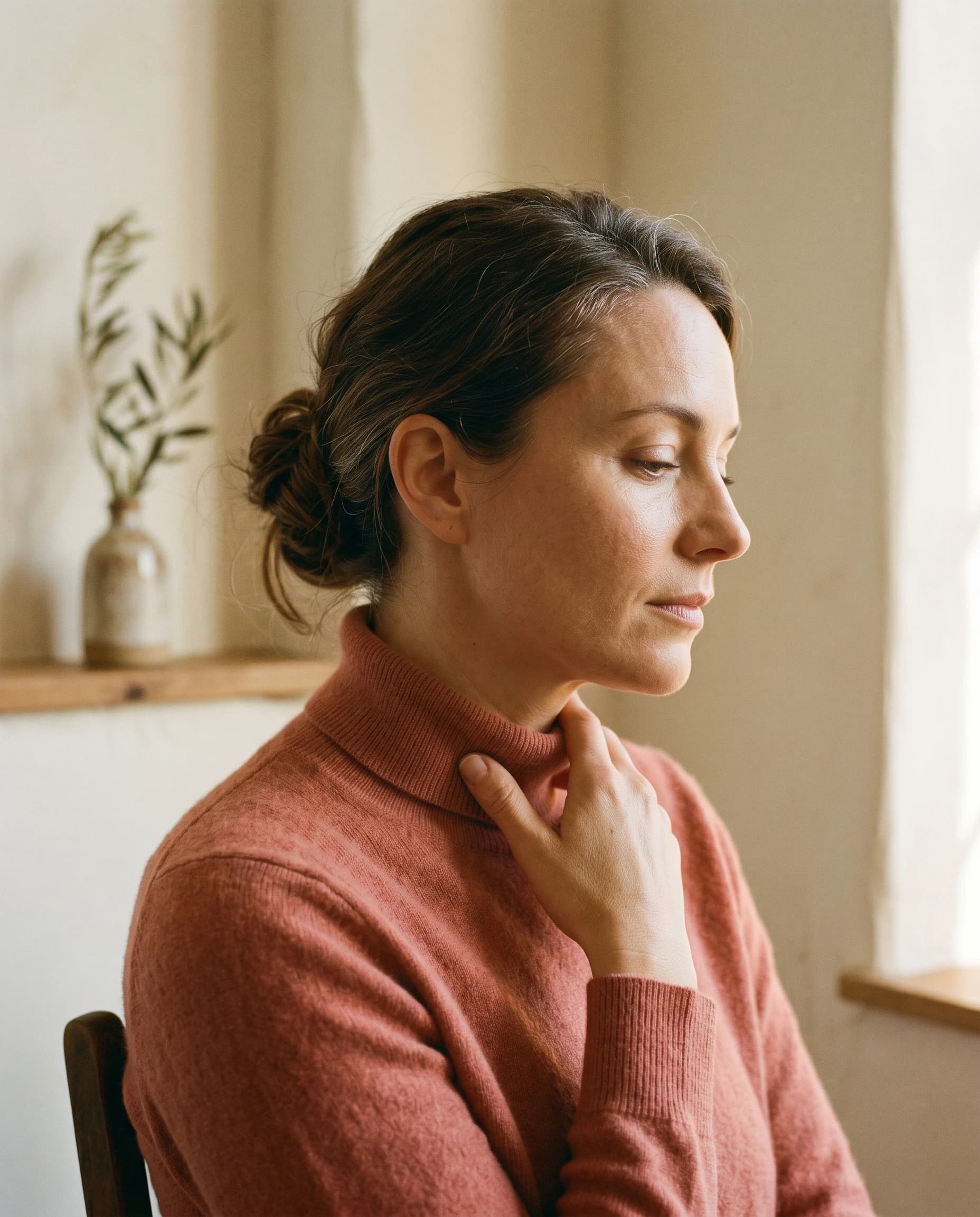 Frau Ende Dreißig in profilierter Drei-Viertel-Ansicht, Hand ruht ruhig am Schlüsselbein — editorial Portrait