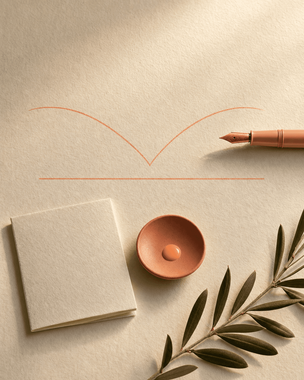 Bone-cream Papier mit handgezeichneter peach M-förmiger Bullhorn-Schnittlinie und einer parallelen Linie darunter — Symbol der Schnittführung