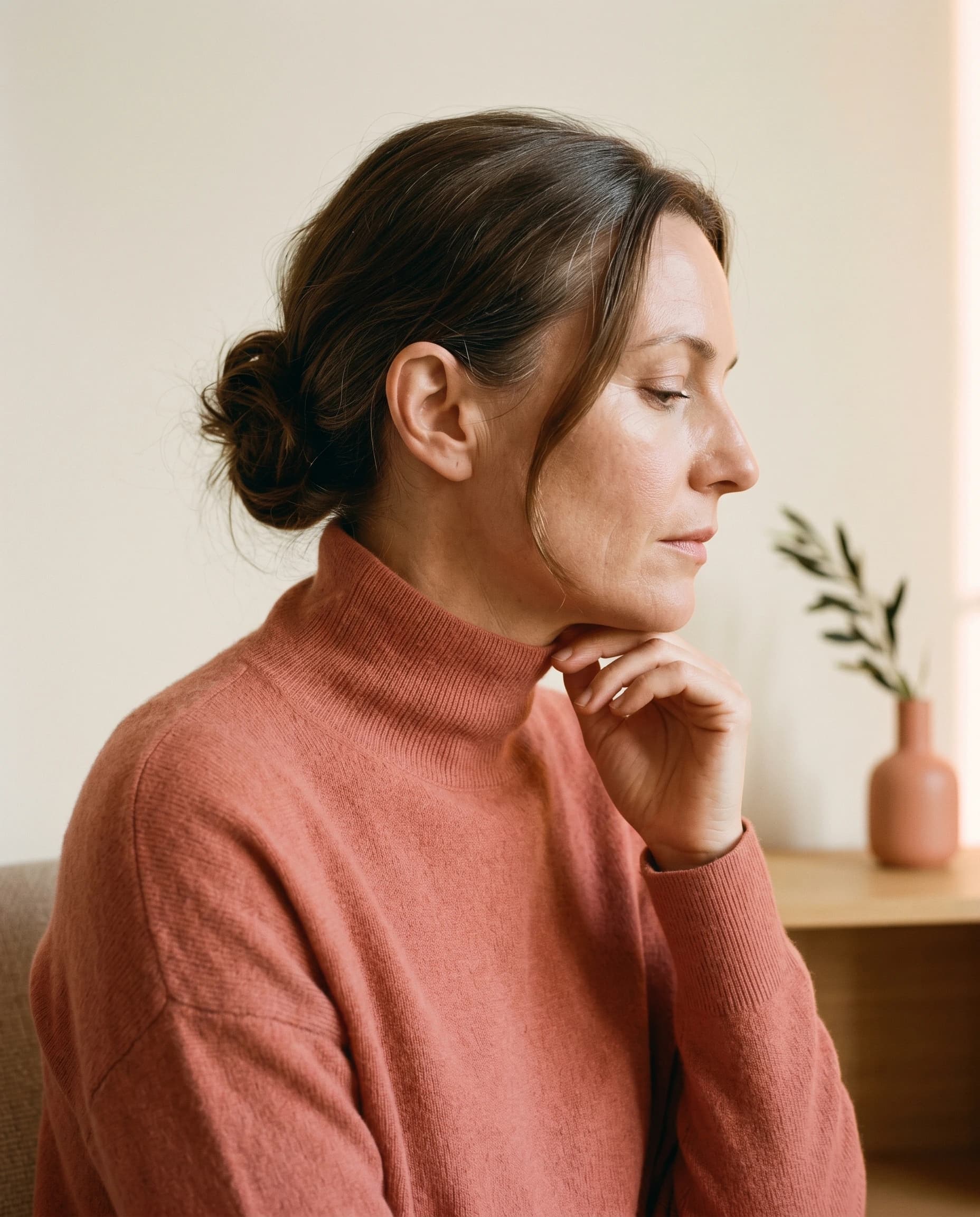 Frau Ende Vierzig in profilierter Drei-Viertel-Ansicht, Hand ruht ruhig an der eigenen Kieferlinie, dusty-coral Cashmere-Rollkragen — editorial Portrait
