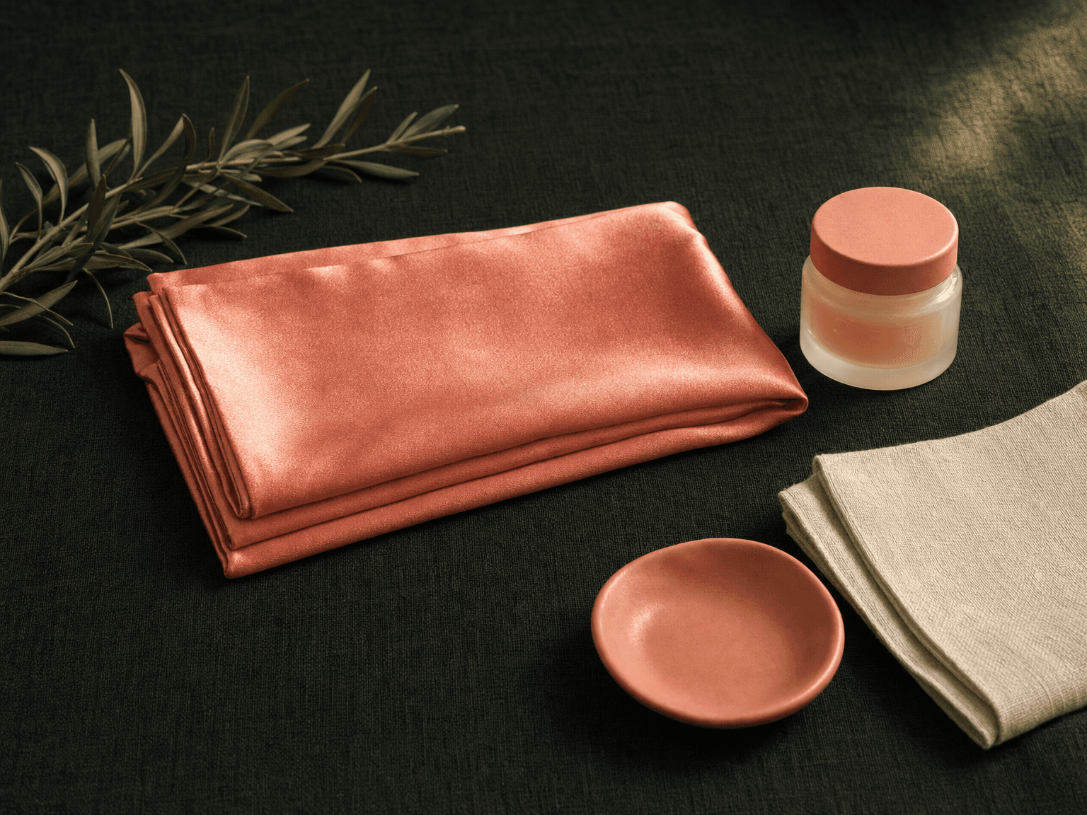Gefaltete dusty-coral Seiden-Kissenhülle, Apotheker-Glasflasche mit Arnika-Gel, Olivenzweig und Linentuch auf charcoal-grünem Leinen — Stillleben Nachsorge