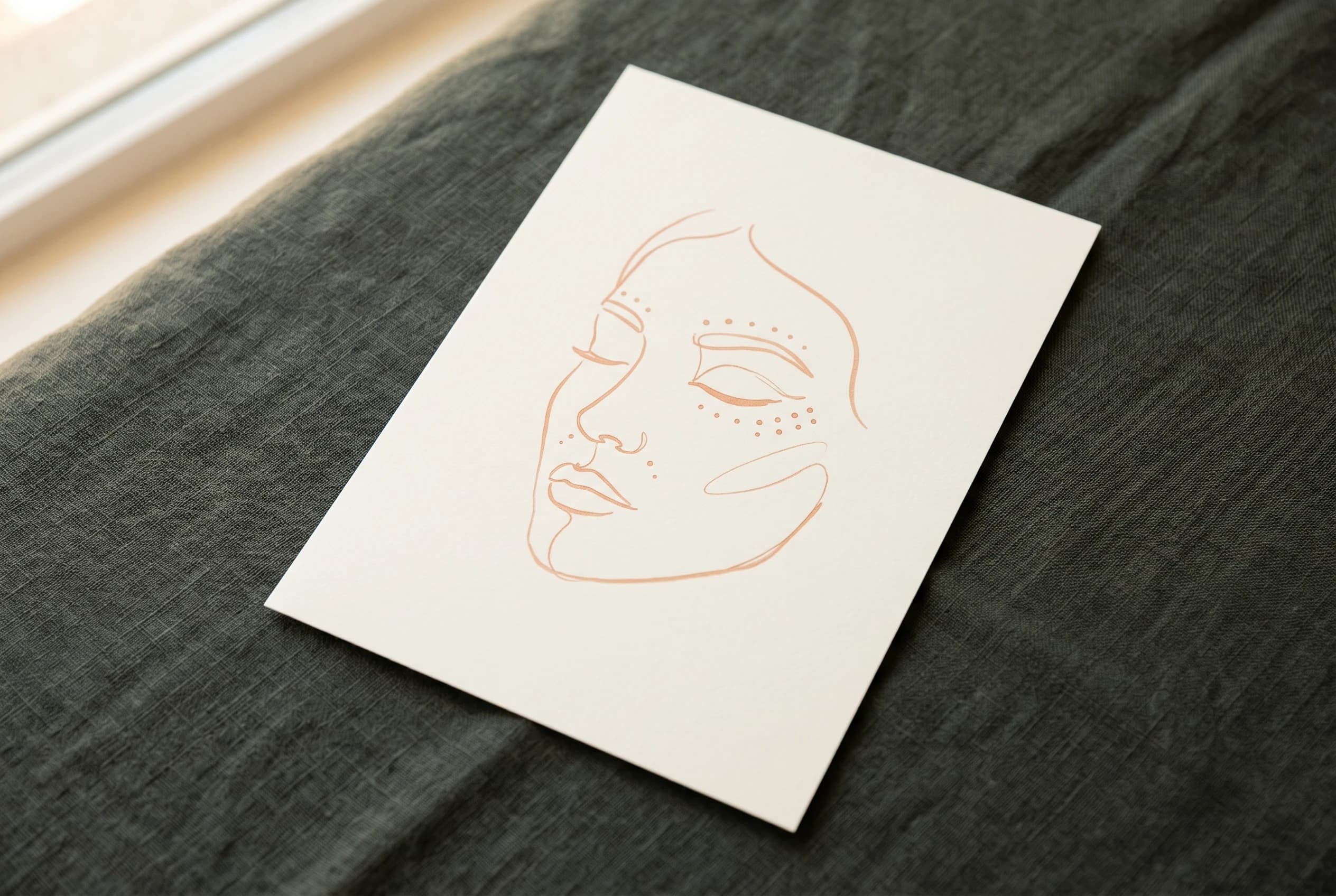 Weißes Papier mit handgezeichnetem Gesicht in peach Tusche und feinen Punkten — angedeutete Injektionspunkte