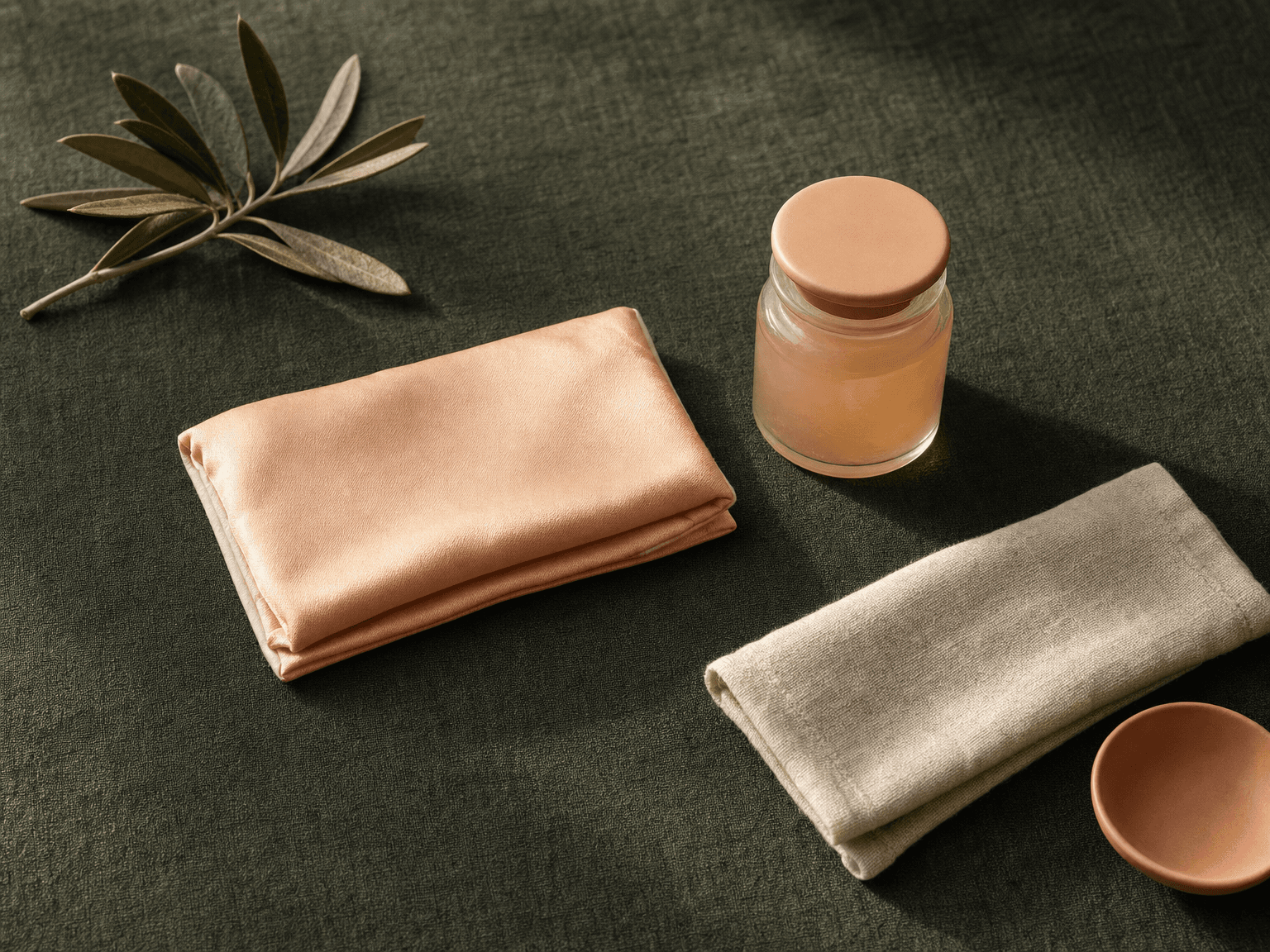 Gefaltetes peach Seidenmischgewebe als Kühl-Pad, kleines Apotheker-Glas mit Arnika-Gel, Linentuch und Olivenzweig auf charcoal-grünem Leinen — Stillleben minimalistische Nachsorge