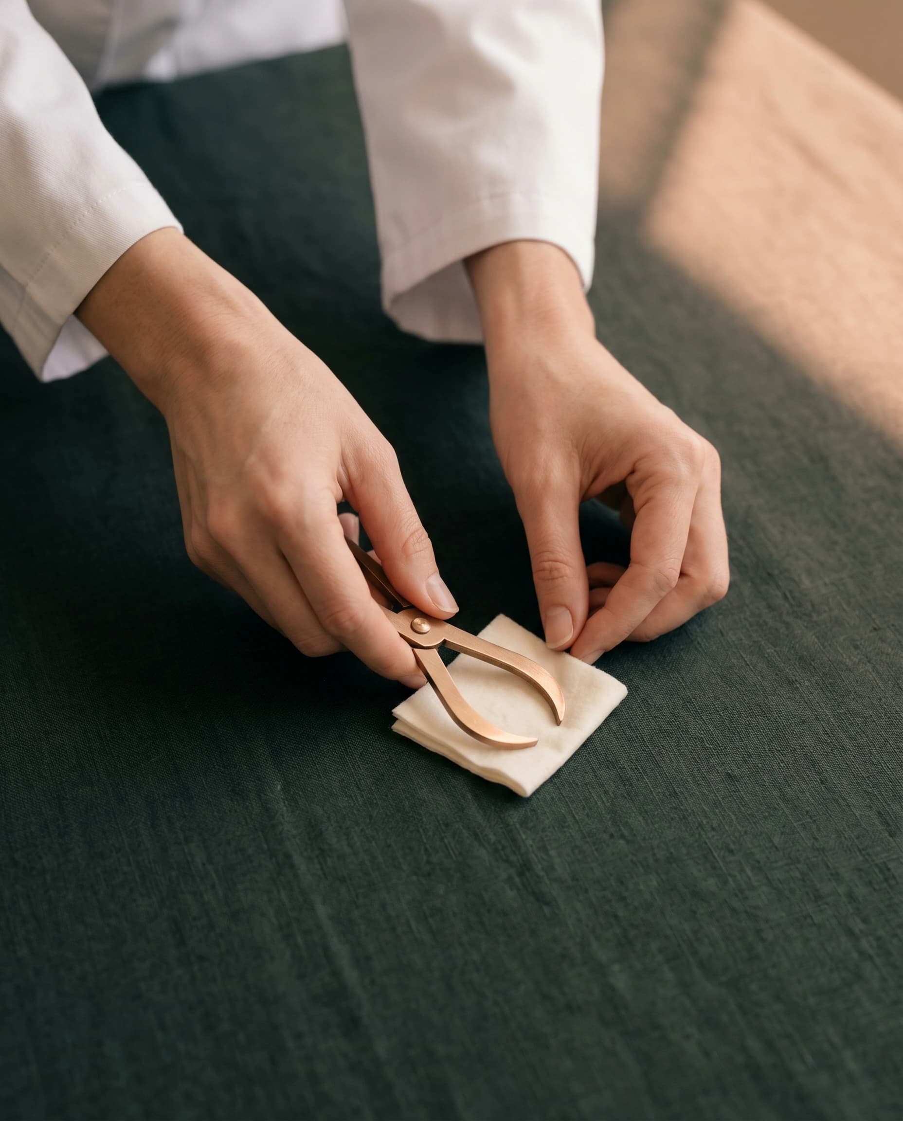 A doctor's hands holding brushed-bronze callipers over folded cotton on charcoal-green linen — detail of a precision measurement