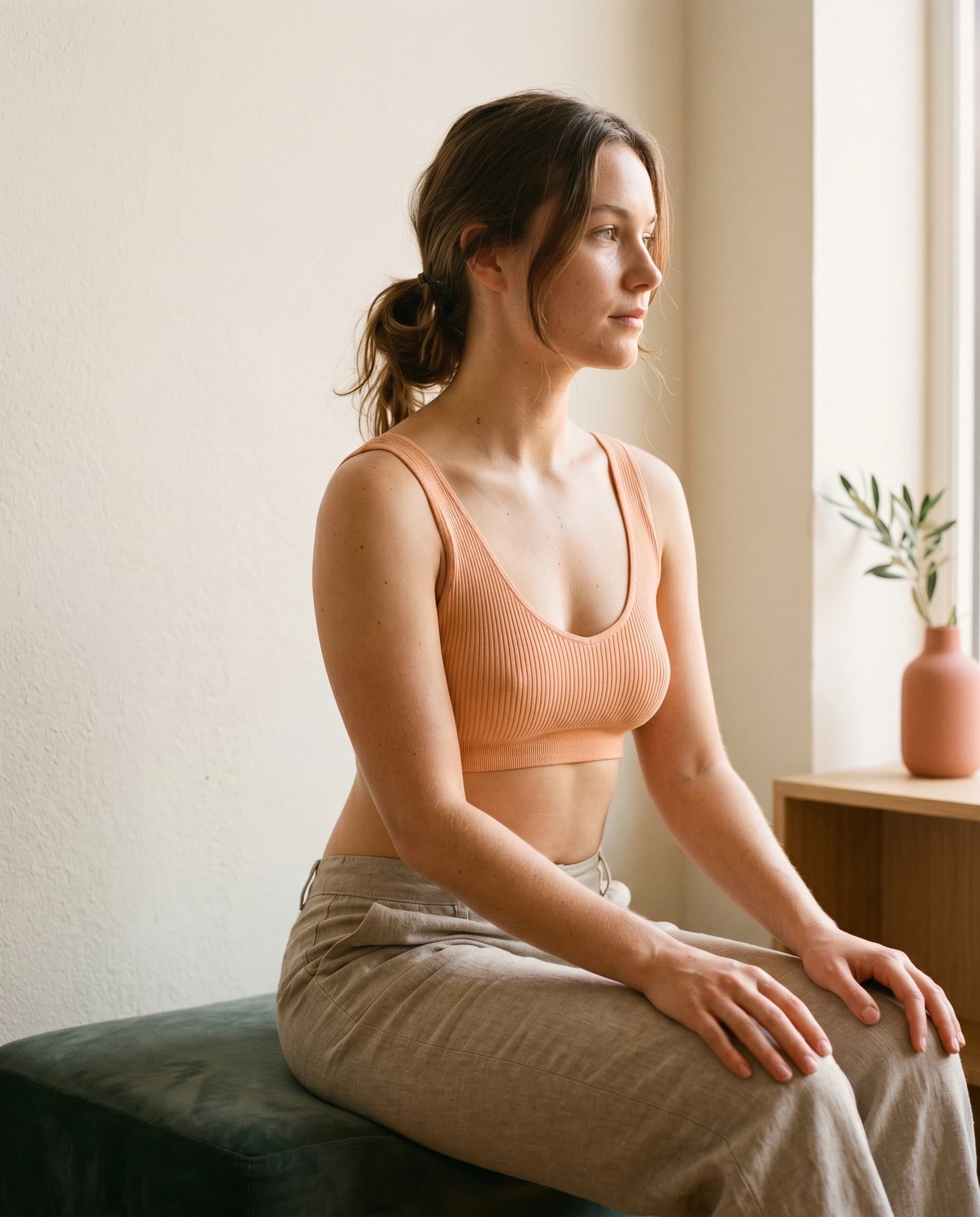 Junge Frau in peach Strick-Crop und Leinenhose auf grünem Velourssitz — ruhiges editorial Portrait