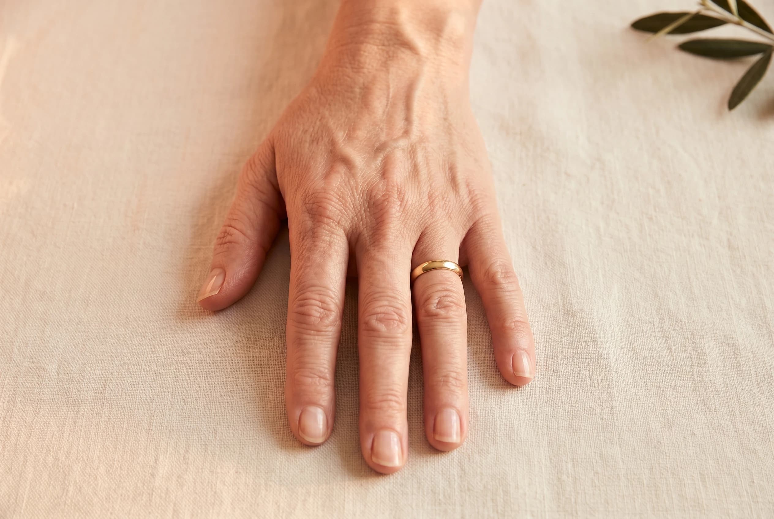 Editorial Detail-Aufnahme — ruhig liegende Hand auf bone-cream Leinen, sichtbare Handsehnen-Struktur