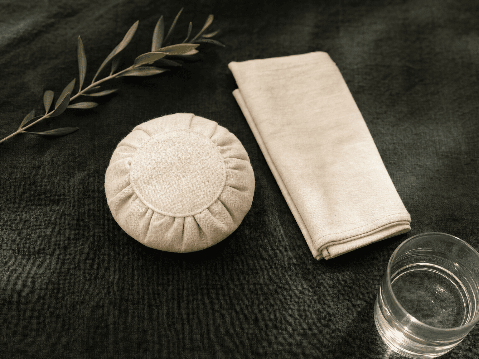 Stilllife — kleines bone-cream Kühl-Pad, gefalteter Linen-Verband, Olivenzweig und Glas Mineralwasser auf charcoal-grünem Leinen