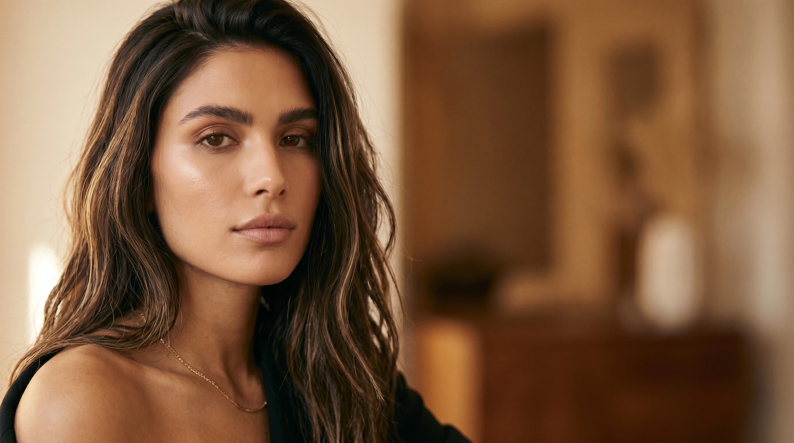 Editorial Beauty-Porträt einer jungen Frau mit betonten Wangenknochen in elegantem schwarzem Blazer, warmes goldenes Licht — Hyaluron, Praxis Ästhetik am Isartor München