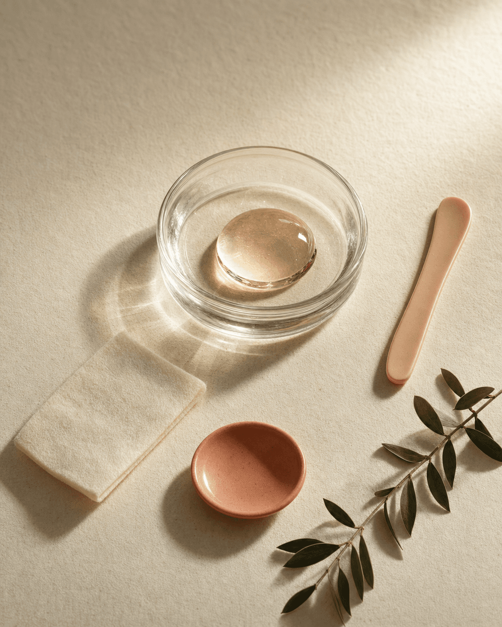 A clear droplet of hyaluronic acid in an apothecary glass dish on bone-cream paper — a symbol of the body-identical material