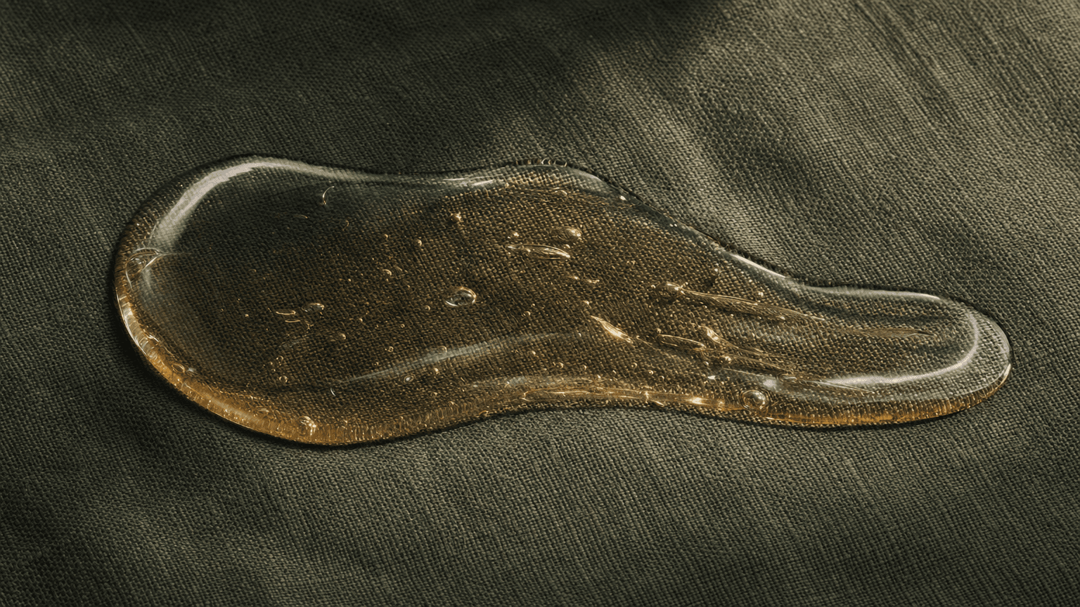 Klarer-amber Hyaluron-Gel-Pool auf charcoal-grünem Leinen — atmosphärische Textur der Material-Reversibilität