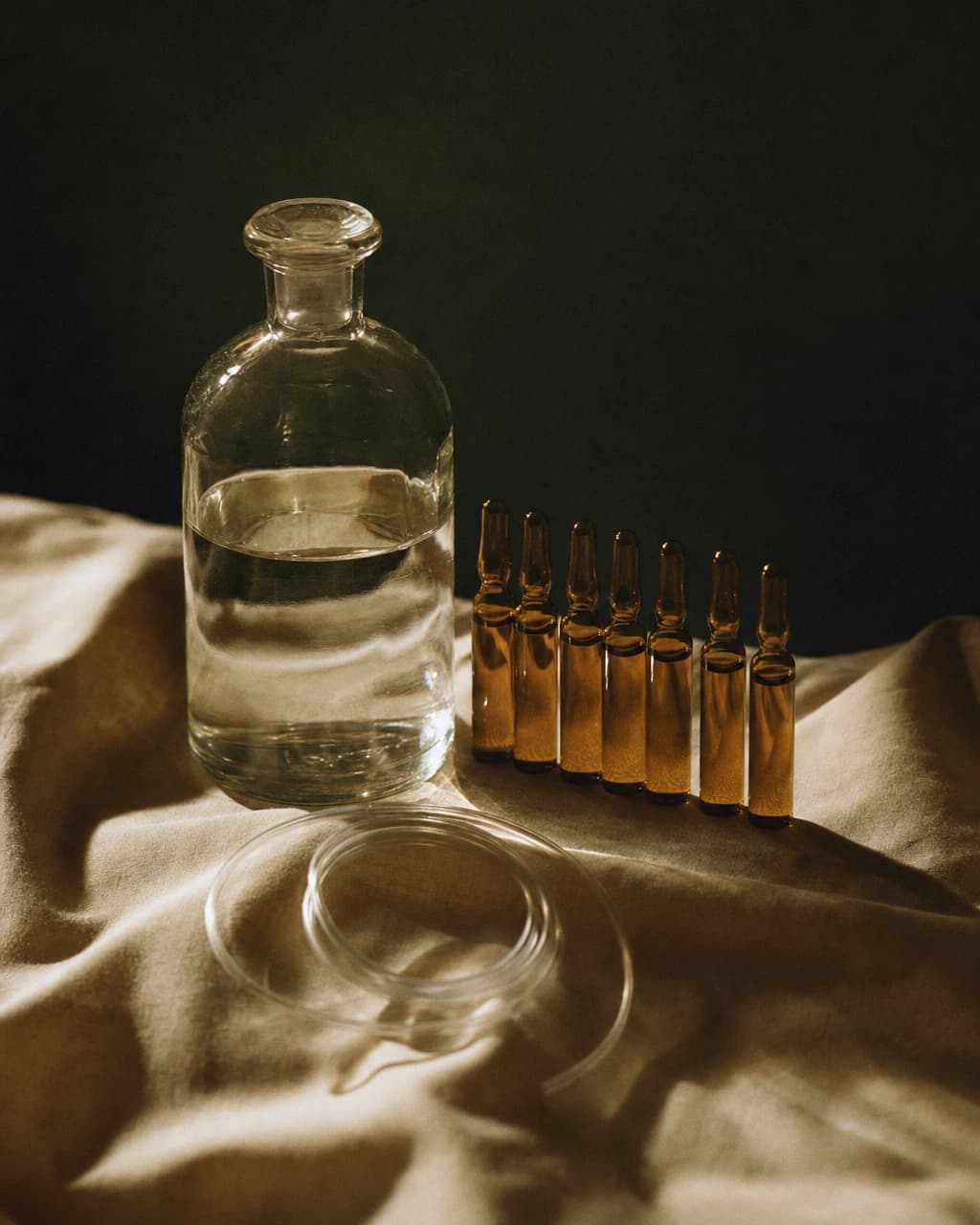 Stilllife: Infusionsflasche und Vitamin-Ampullen in warmem Amber-Licht — ärztlich abgestimmte Zusammensetzung