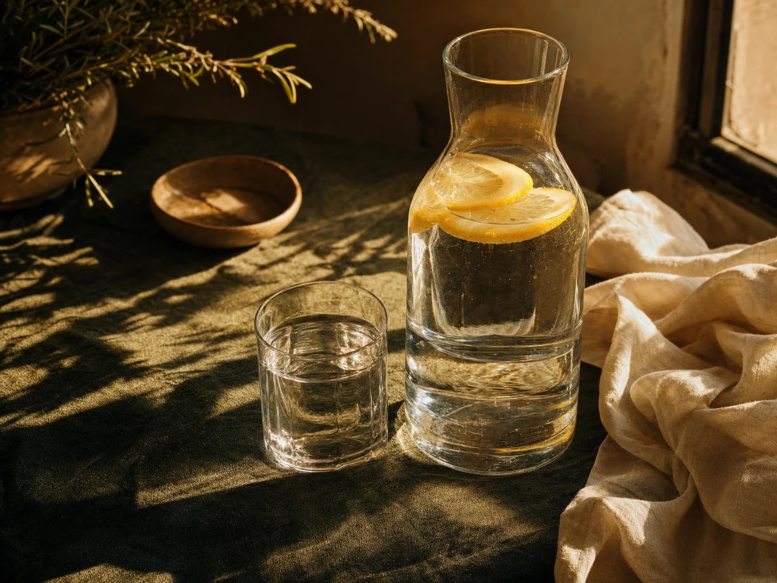 Stilllife: Wasserkaraffe mit Zitrone und Glas in warmem Fensterlicht — Hydrierung als ruhiges Ritual