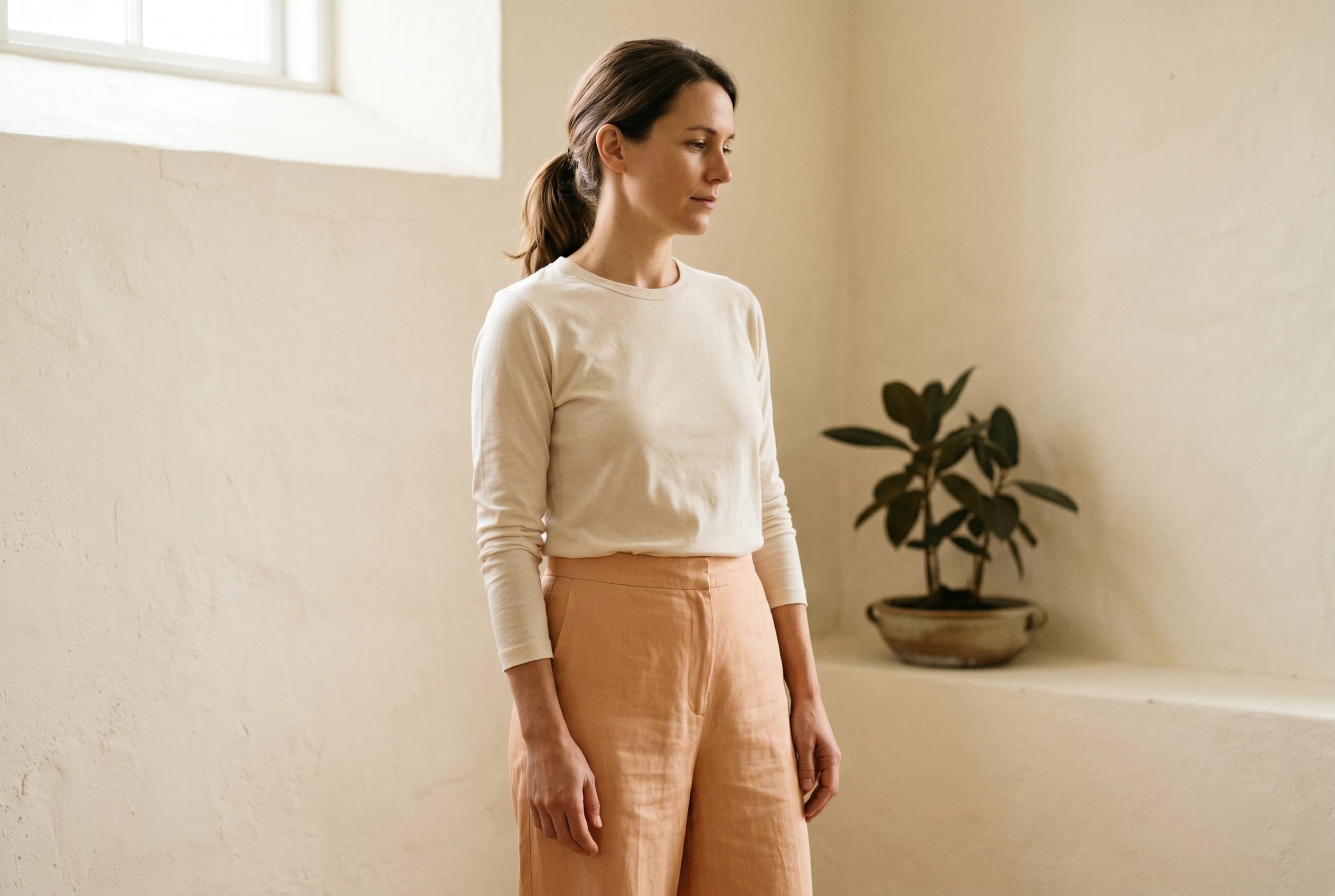 Editorial Halbkörper-Aufnahme — Frau Mitte Dreißig in schlichtem Sport-Outfit, ruhige Diagnose-Atmosphäre
