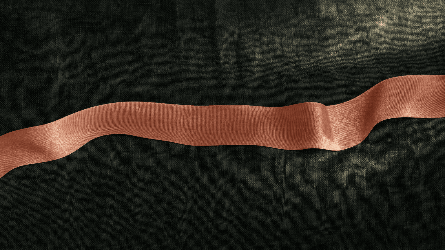 Weiches peach Seidenband in sanfter horizontaler Kurve auf charcoal-grünem Leinen — symbolisch für die dezente Konturlinie