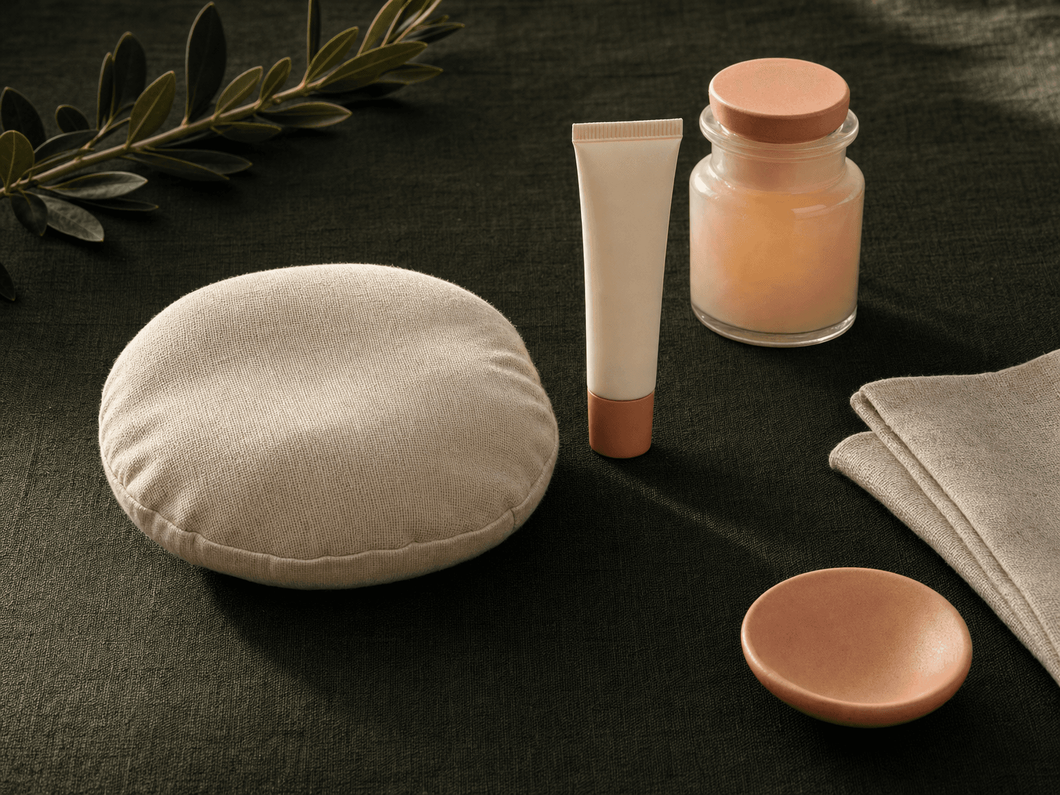 Kleiner bone-cream Kühl-Pad, unmarkierte Lippenbalsam-Tube, Apotheker-Glas mit Arnika-Gel und Olivenzweig auf charcoal-grünem Leinen — minimalistische Nachsorge