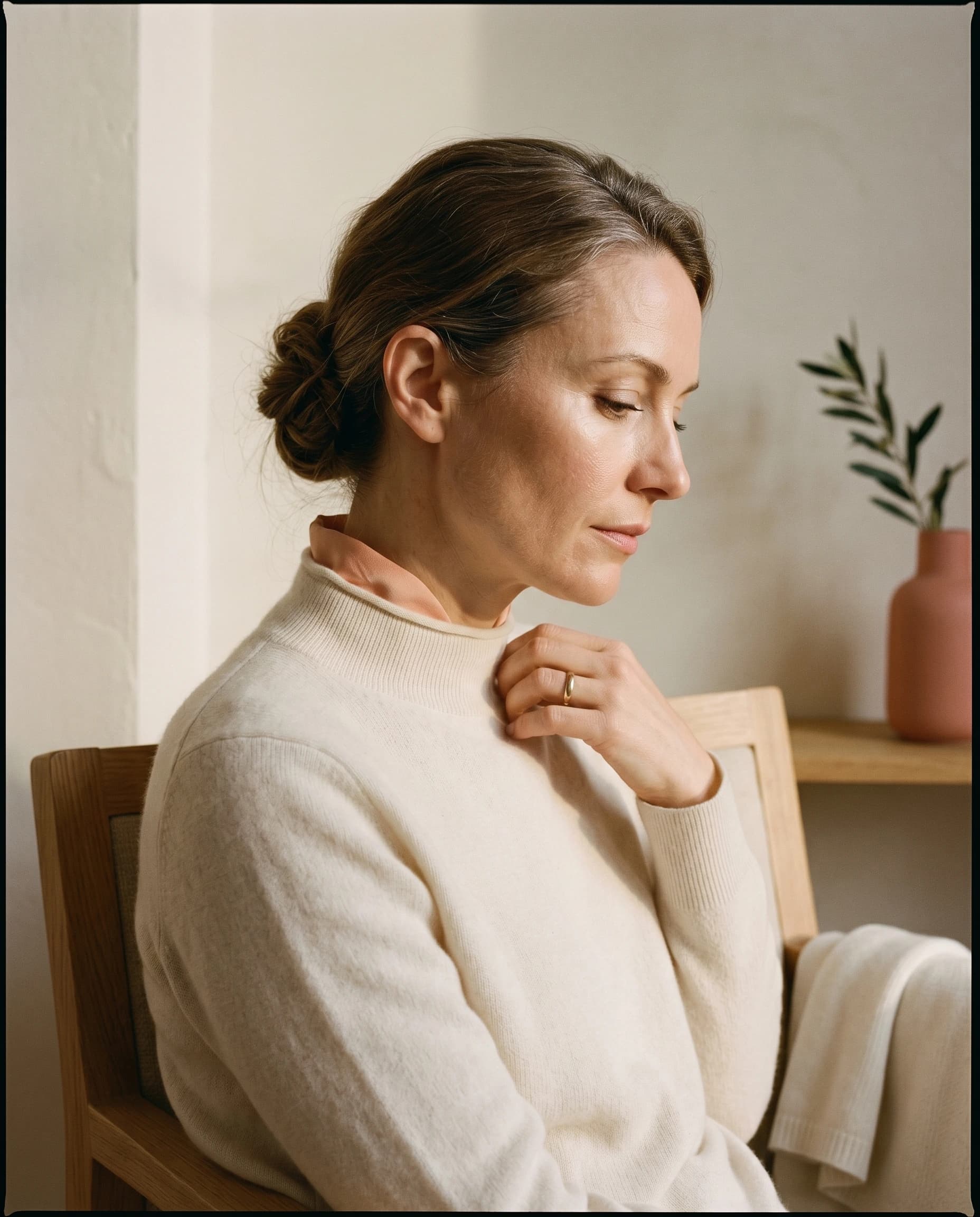 A woman in her early forties in a three-quarter profile view, bone-cream cashmere mock-neck — editorial portrait after completed family planning