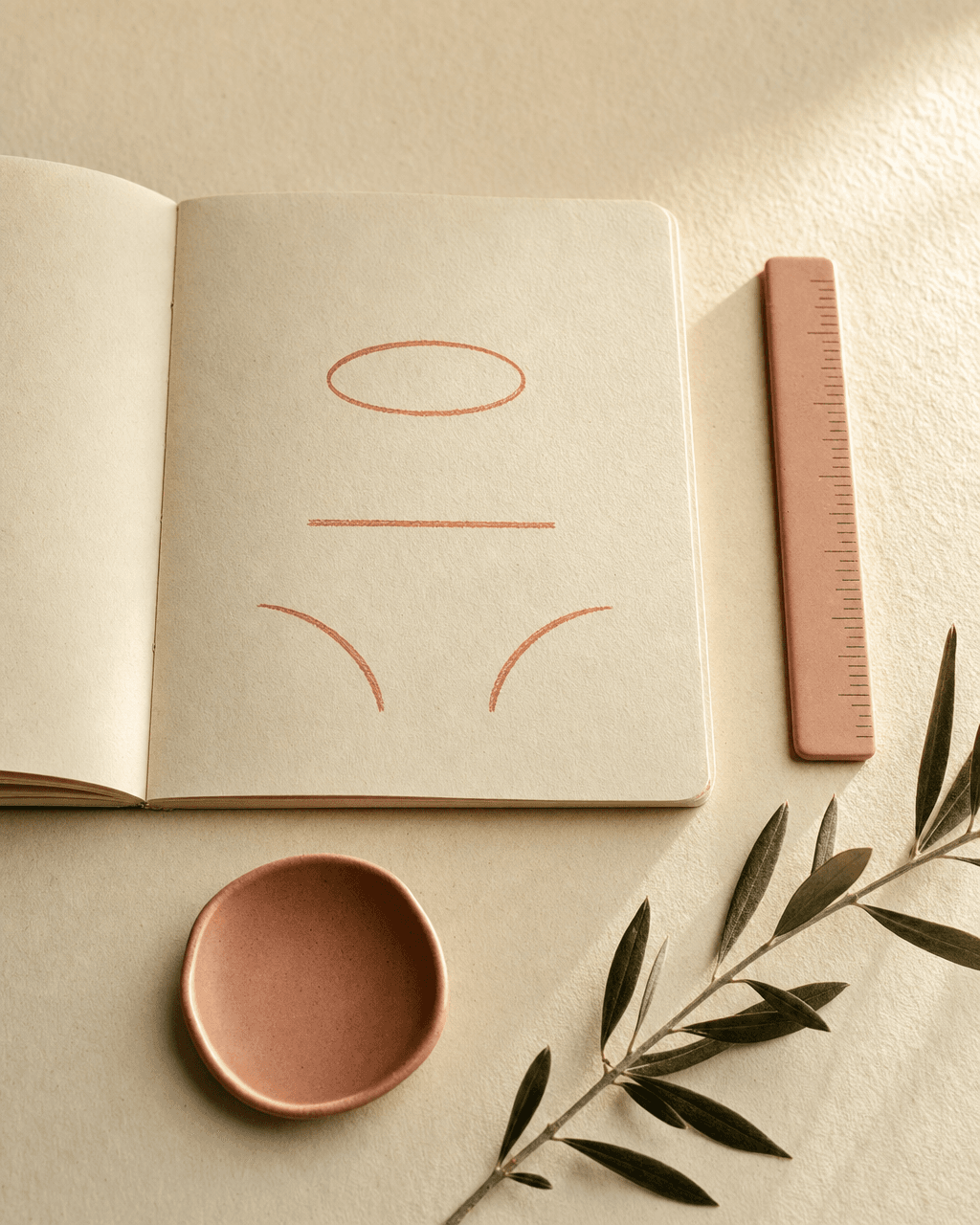 Abstract three-zone bundle sketch for the Mommy Makeover — peach ellipse (breast), horizontal line (tummy tuck), two outward-curving lines (hip / outer-thigh liposuction) on bone-cream paper