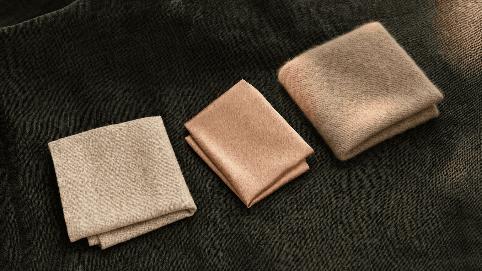 Three folded squares of fabric (bone-cream linen, peach silk, sand-taupe cashmere) on charcoal-green linen — a symbol of the three recovery garments