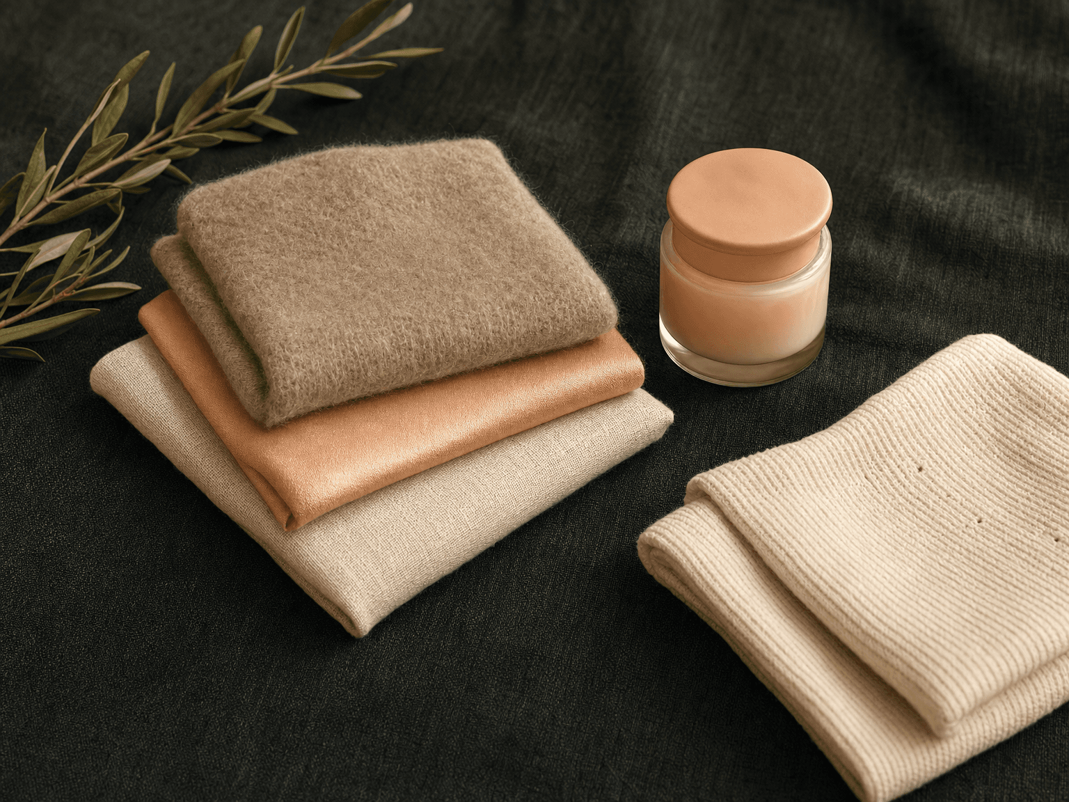 Three folded squares of recovery-garment fabric, an apothecary jar of arnica gel, a small bone-cream baby blanket and an olive branch on charcoal-green linen — minimalist aftercare