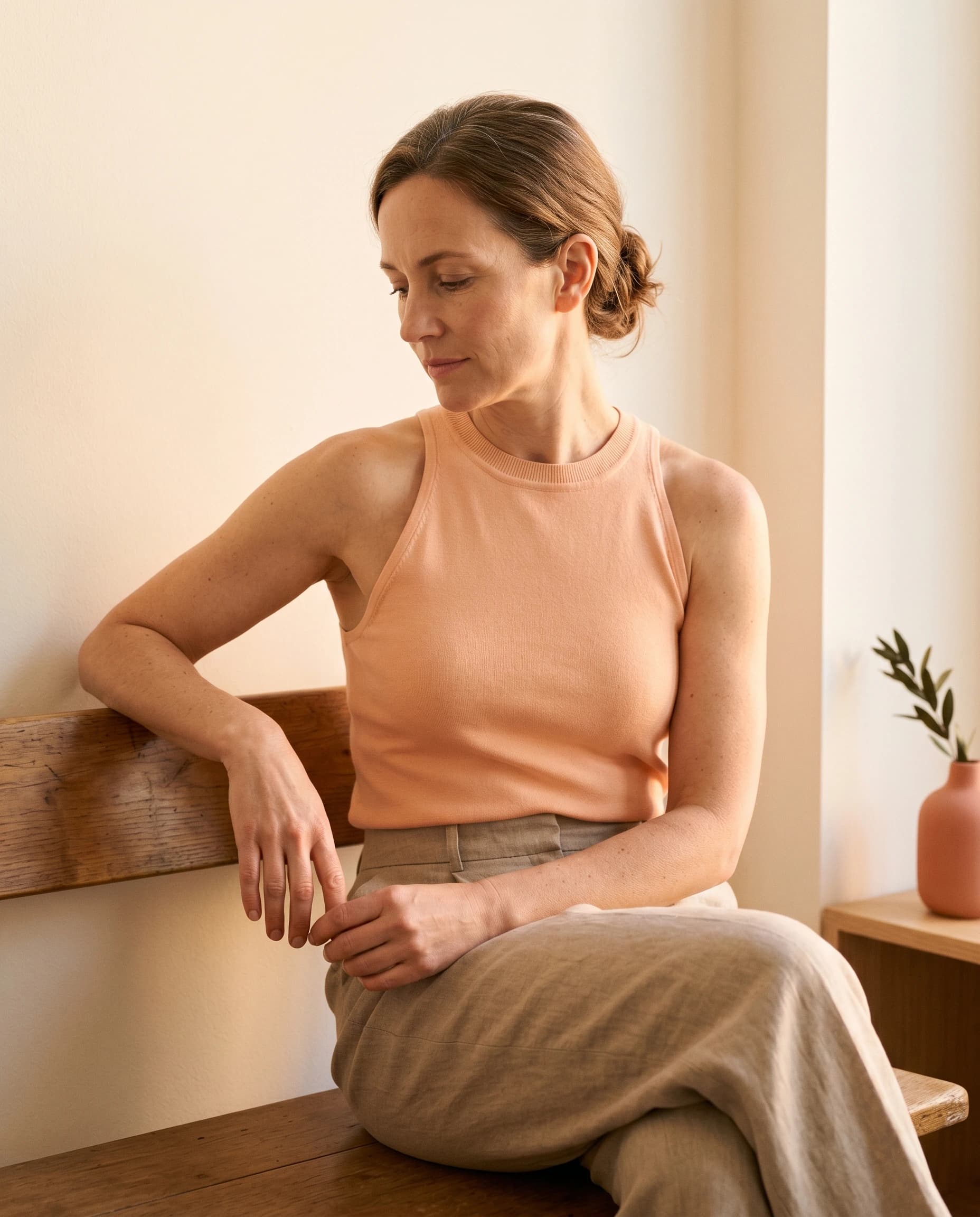 Frau Mitte Vierzig in peach Strick-Bralette auf Holzbank — ruhiges editorial Portrait, reife Komposition