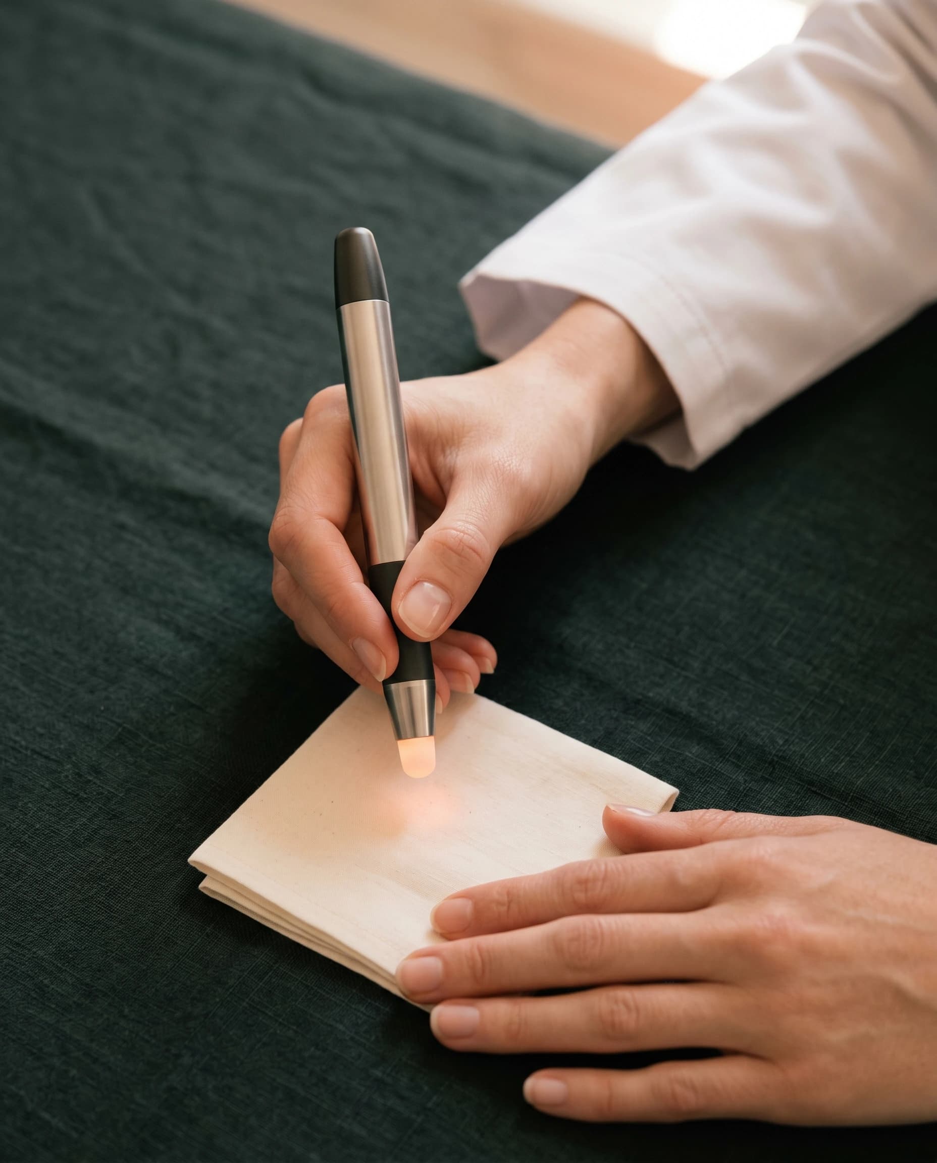 A doctor's hand holding the Renuvion handpiece with a peach-orange glow over bone-cream cotton on charcoal-green linen — close-up detail