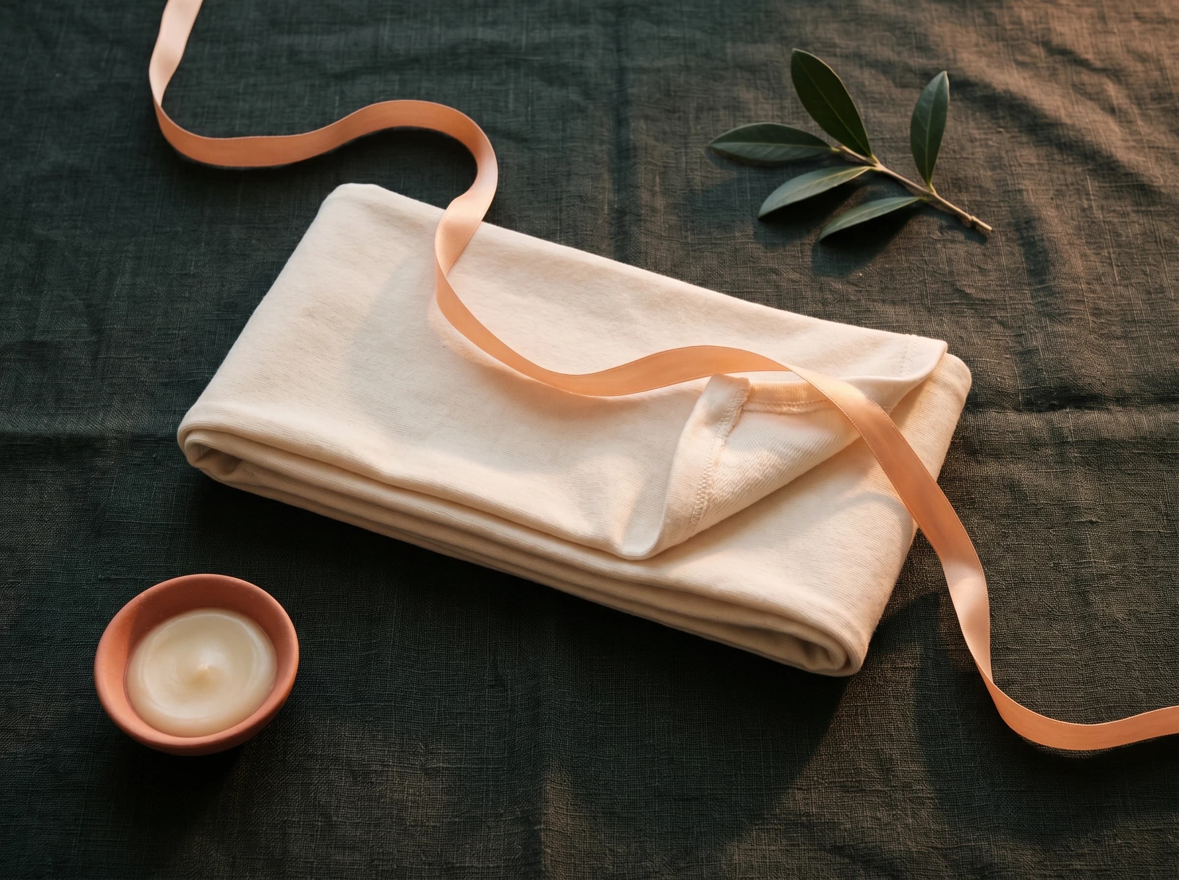 Gefaltete bone-cream Kompressions-Armsleeve mit peach Seidenband, Olivenzweig und keramischer Schale auf charcoal-grünem Leinen — Stillleben Nachsorge