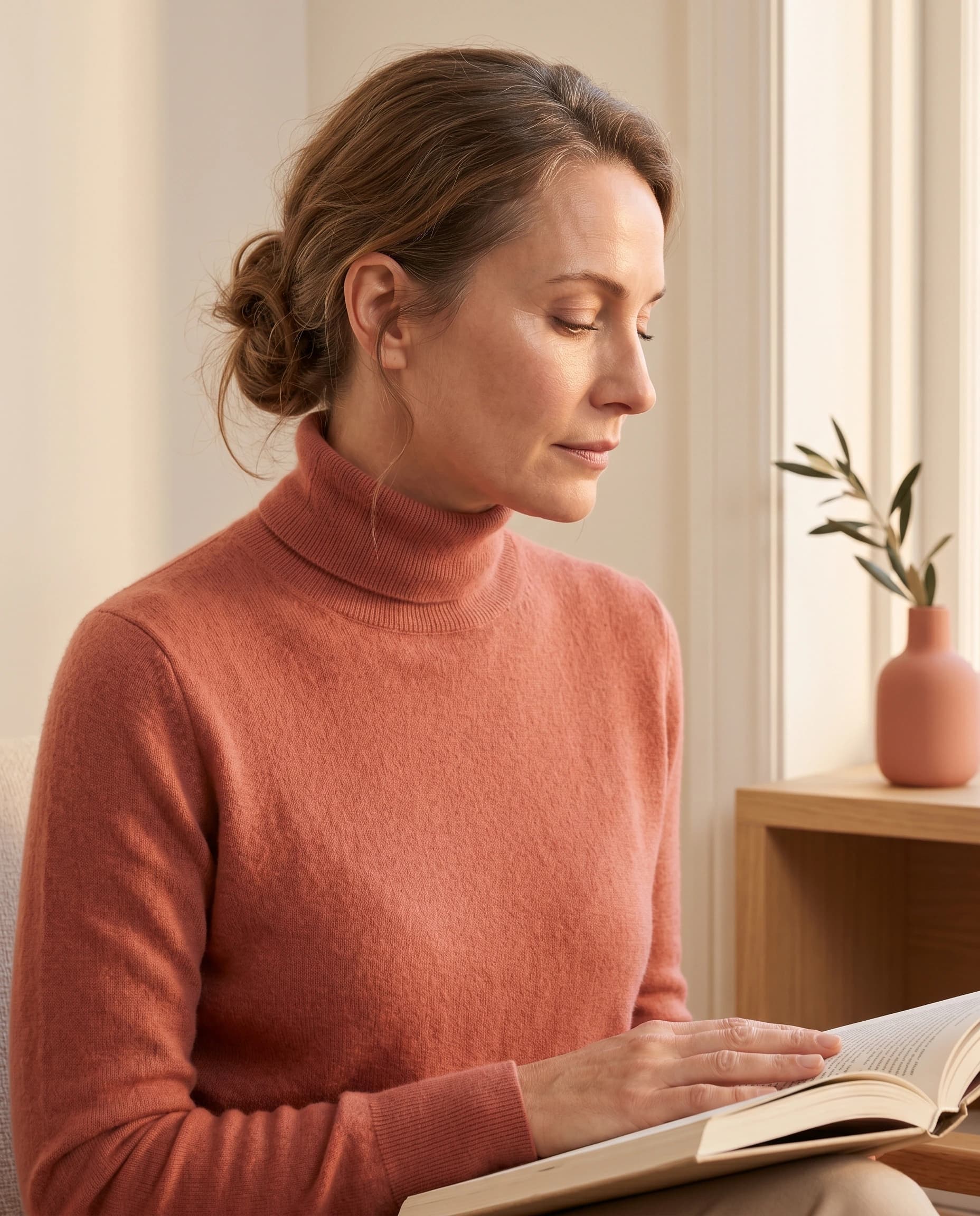 Frau Ende Vierzig in profilierter Drei-Viertel-Ansicht mit gesenktem Blick auf ein offenes Buch im Schoß — editorial Portrait