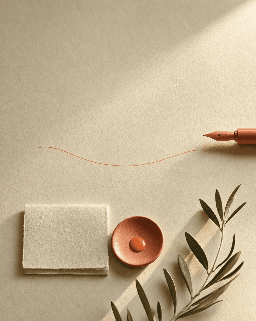 Bone-cream Papier mit einer einzigen handgezeichneten peach Tuschelinie als abstraktes Symbol der Lidfalten-Schnittführung