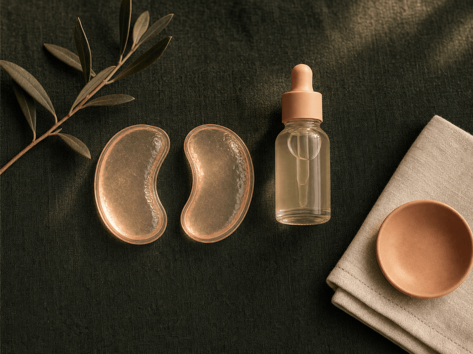 Zwei ovale peach-getönte Gel-Kühlpads, kleine Apotheker-Glasflasche mit künstlichen Tränen, Olivenzweig und Linentuch auf charcoal-grünem Leinen — Stillleben Nachsorge