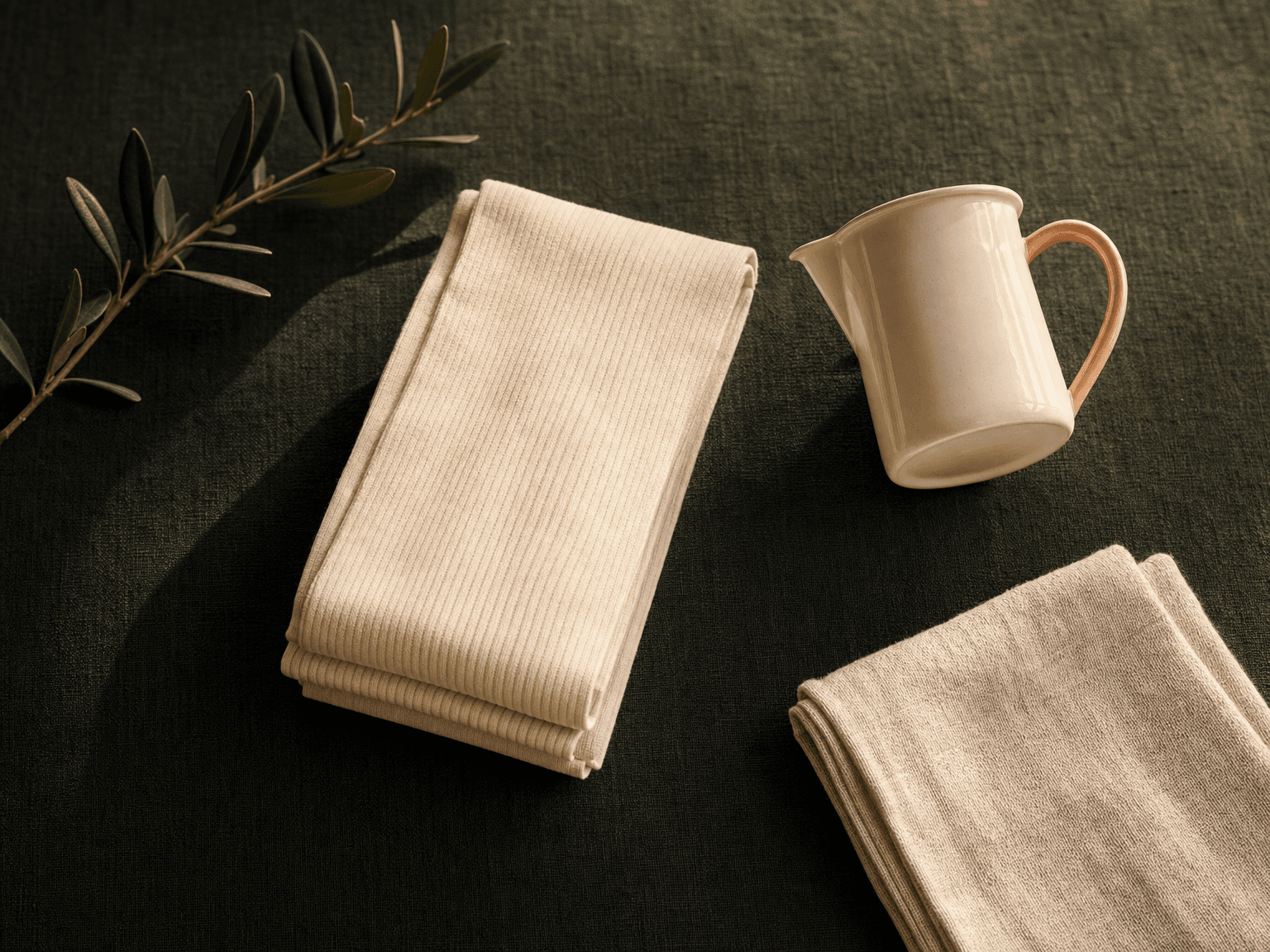 Gefaltete bone-cream Kompressions-Strumpfhose, kleines Emaille-Kännchen mit peach Henkel, Olivenzweig und kleines Linentuch auf charcoal-grünem Leinen — Stillleben Nachsorge