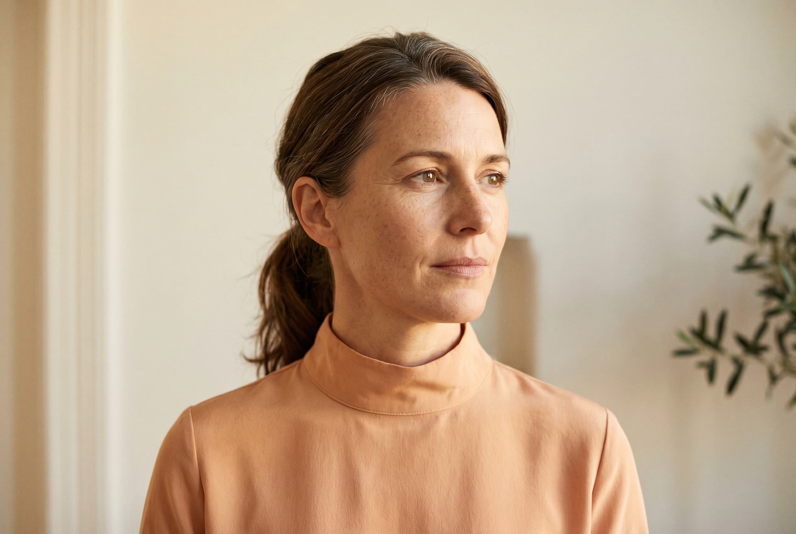 Editorial Drei-Viertel-Portrait — Frau Anfang Vierzig mit feinem ersten Linienbild im weichen Licht