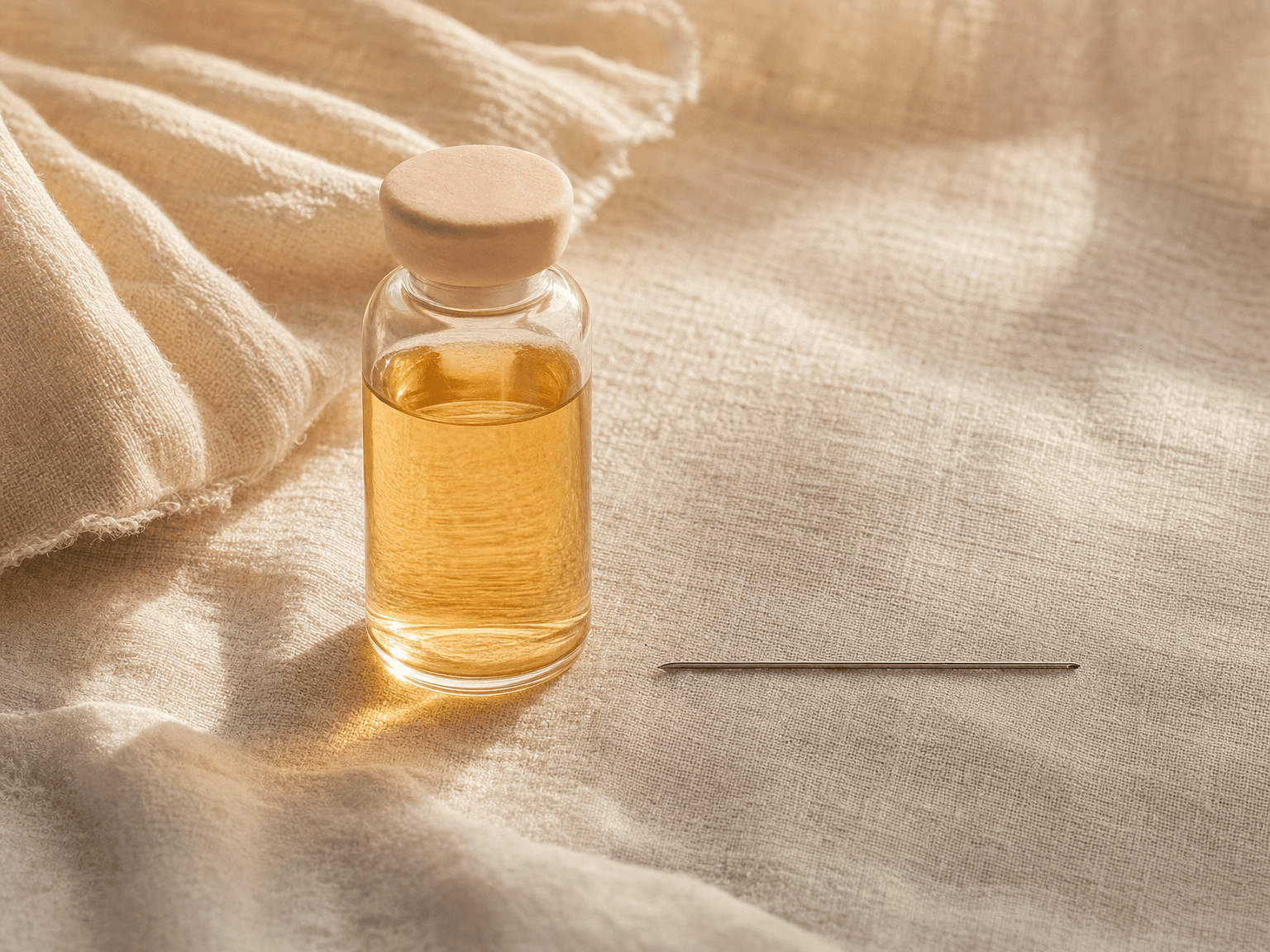 Still life: an apothecary glass of warm amber plasma beside a fine 30G needle on bone-cream linen — a symbol of the procedure using the body's own material
