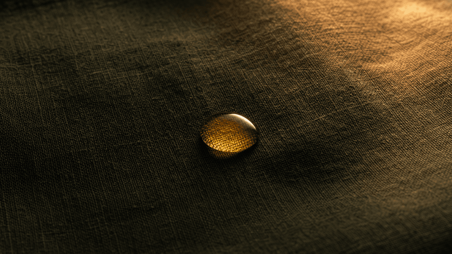 Warmer amber-goldener Plasma-Tropfen auf charcoal-grünem Leinen — atmosphärische Textur des Eigenblut-Konzentrats