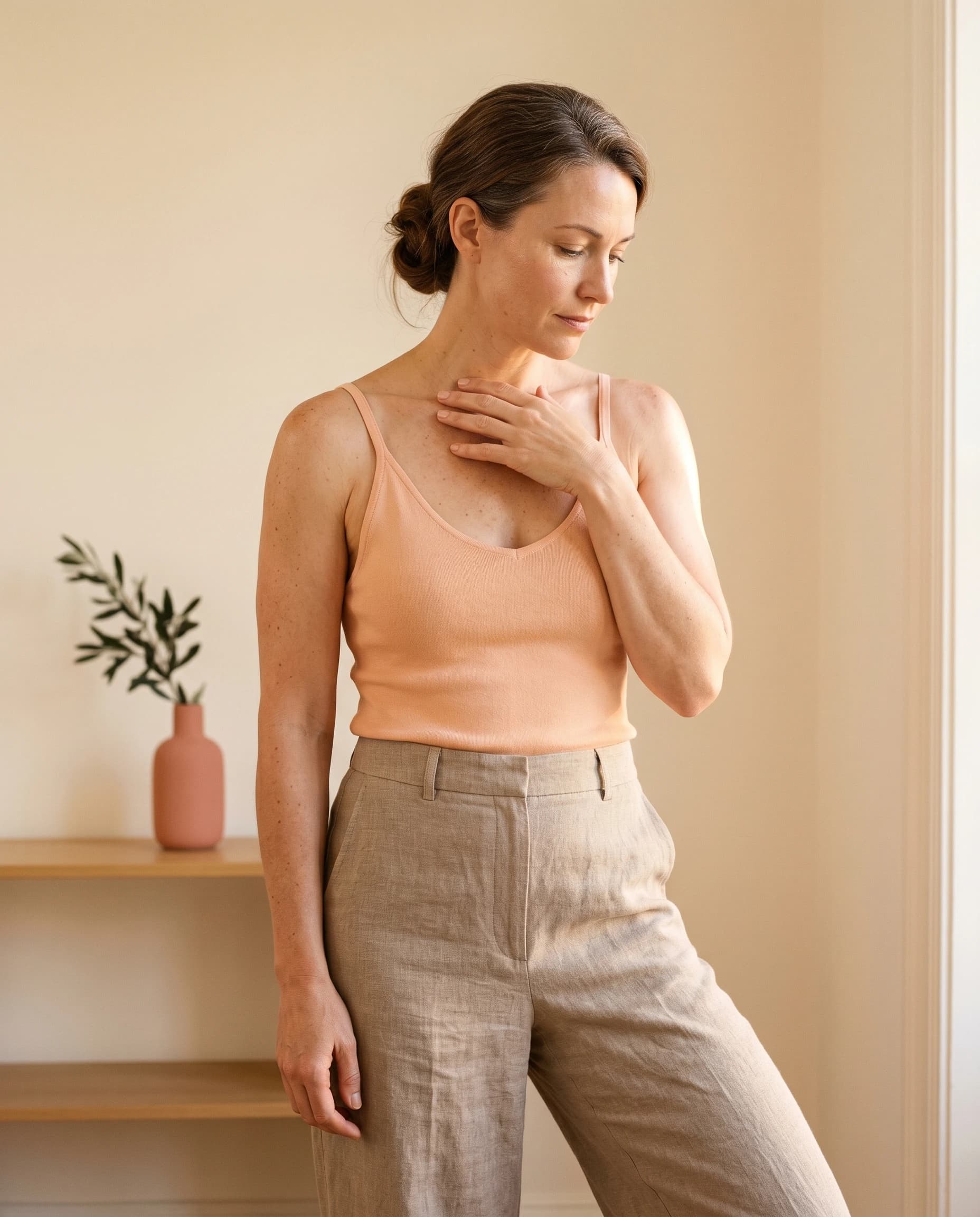 Frau Mitte Dreißig in peach Strick und sand-taupe Leinen, Hand am Schlüsselbein — editorial Portrait post-Gewichtsstabilisierung
