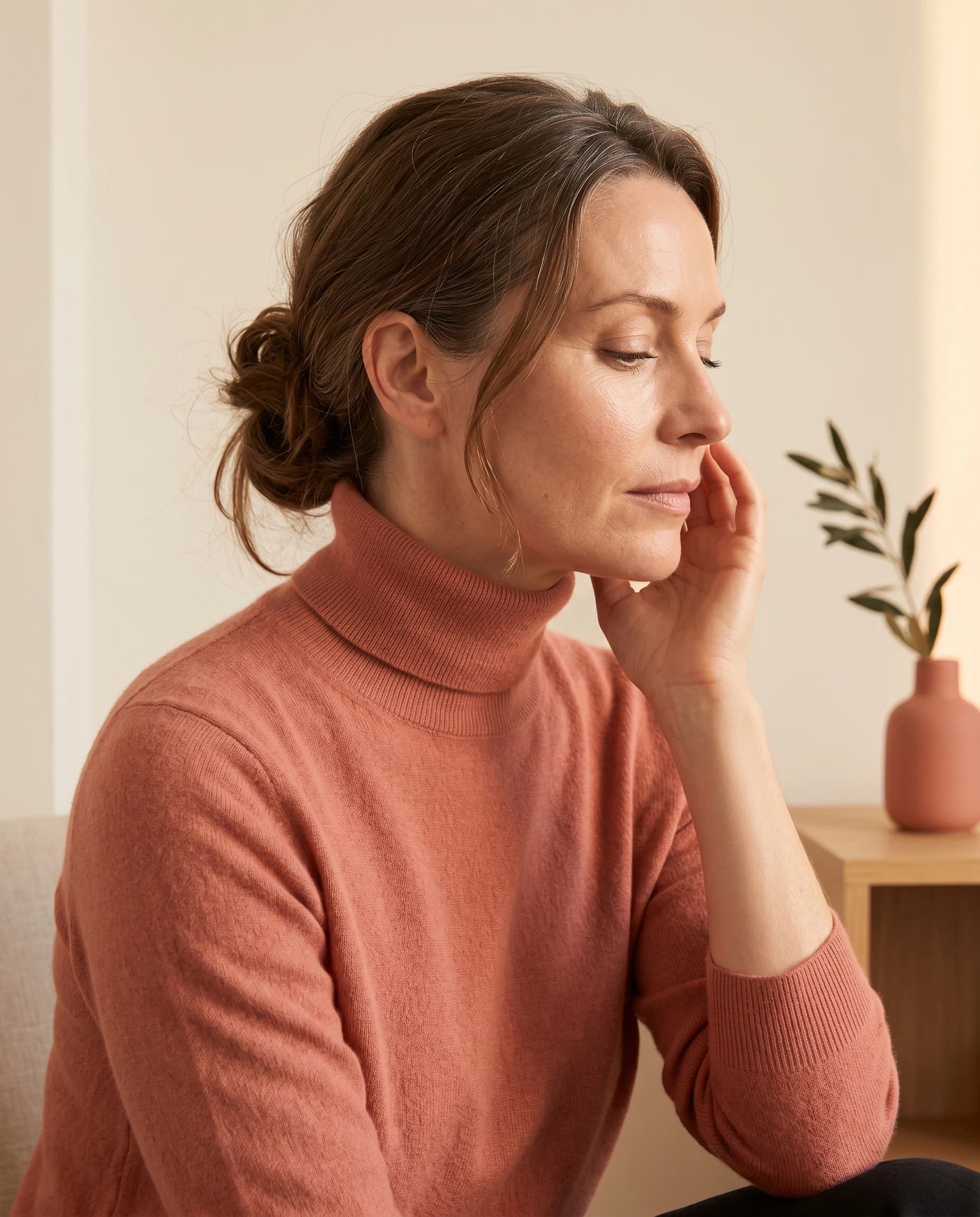 Frau Mitte Vierzig in profilierter Drei-Viertel-Ansicht, Fingerspitze ruht ruhig am Wangenknochen unterhalb der Augenpartie — editorial Portrait