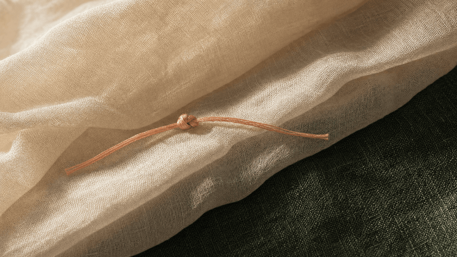 Ein einzelner sanfter peach Seidenknoten auf bone-cream Chiffon — Symbol der Canthopexie-Stabilisierungsnaht