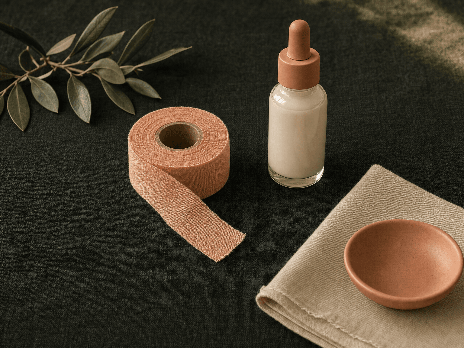 Kleines Rollen-Pflasterband in peach mit Apotheker-Glasflasche künstlicher Tränen, Olivenzweig und Linentuch auf charcoal-grünem Leinen — Stillleben Nachsorge
